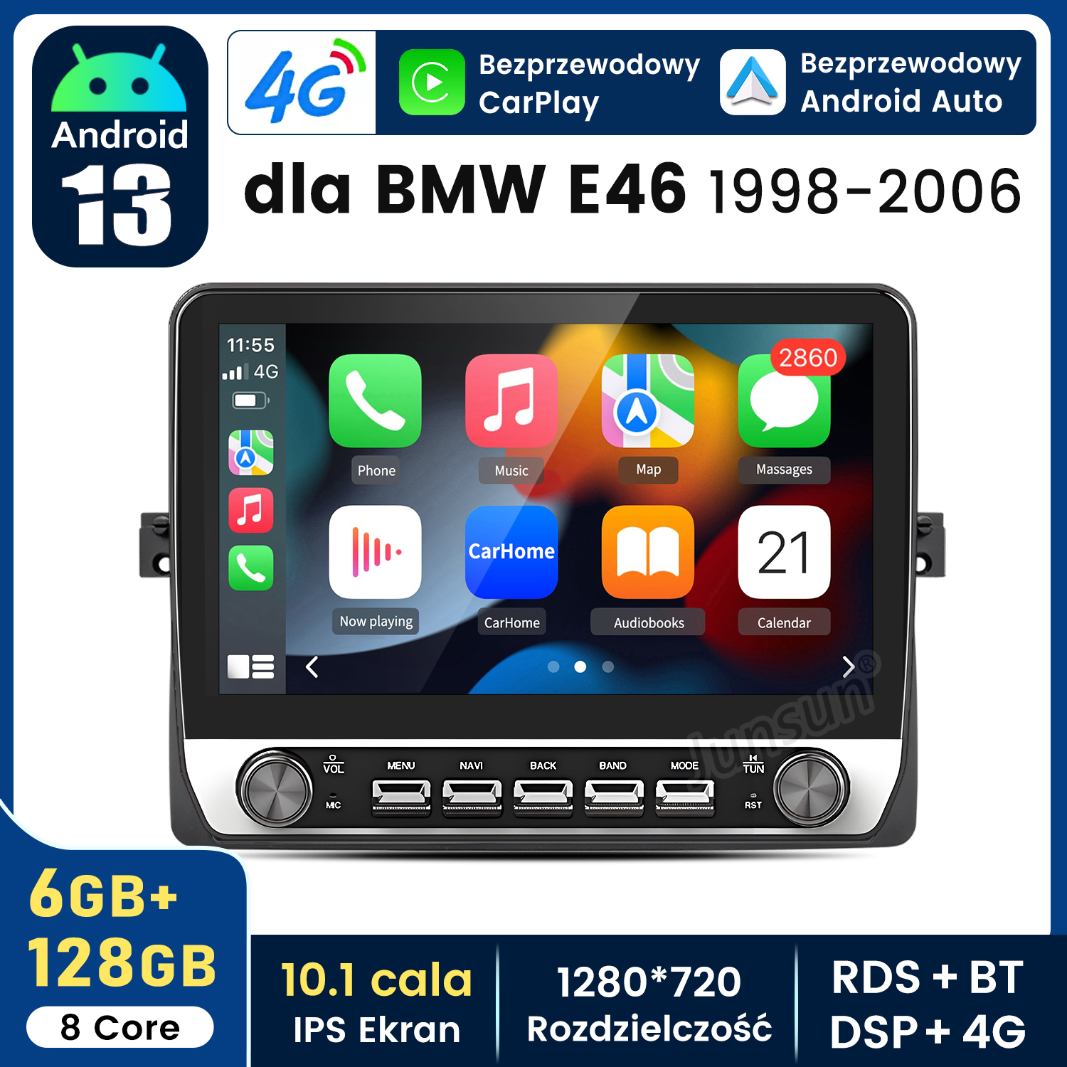 Radio samochodowe z ekranem dotykowym, GPS i Androidem 13. Czarne obramowanie, ikony.