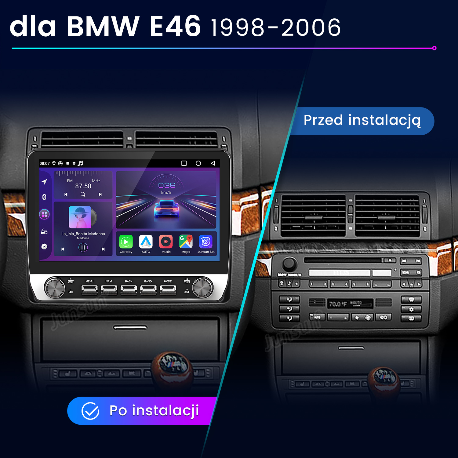 Ekran radia samochodowego z radiem FM, muzyką i nawigacją, przed i po instalacji.