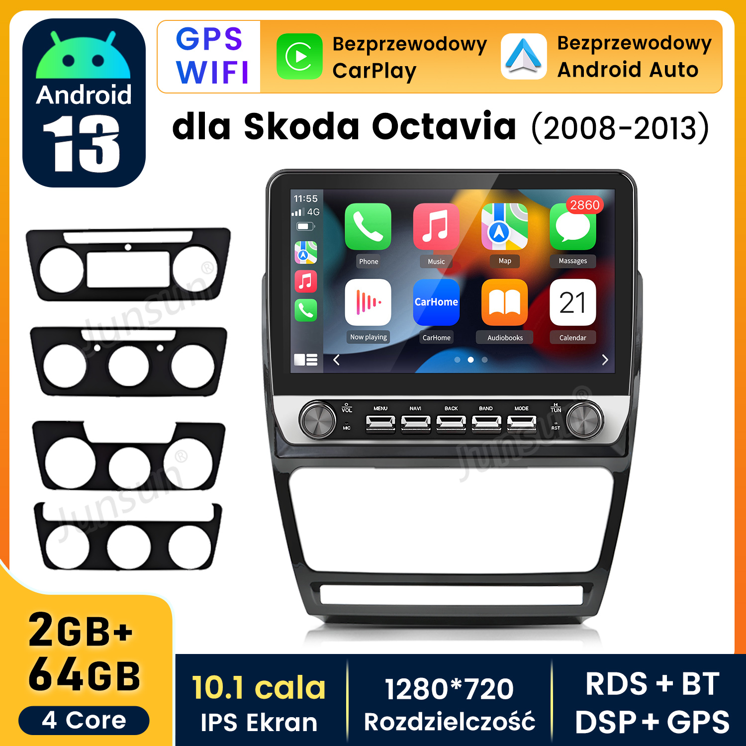 Wyświetlacz radia samochodowego, pokazujący informacje radiowe i elementy sterowania, czarne tło deski rozdzielczej.