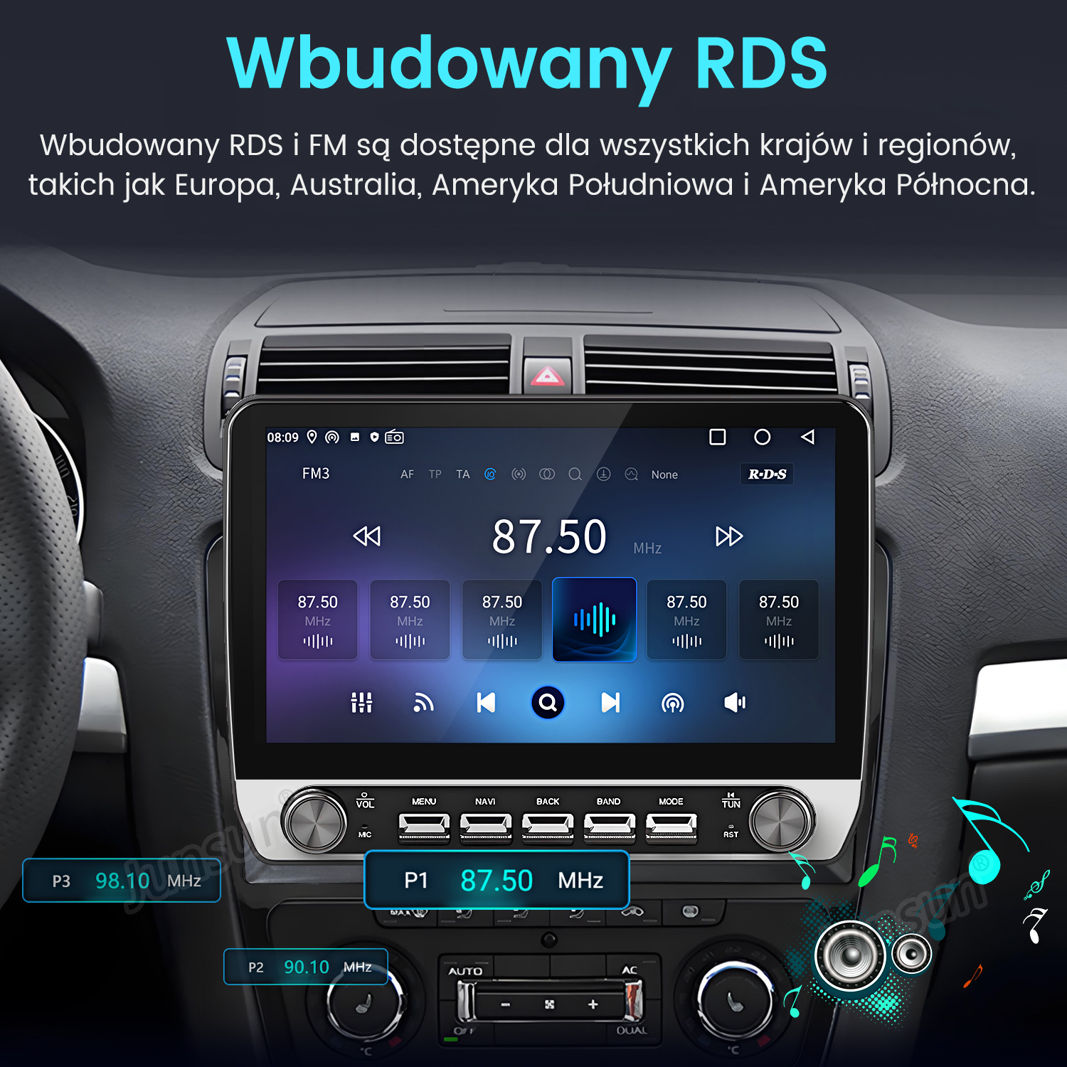 System stereo samochodowy z dużym ekranem wyświetlającym informacje radiowe i elementy sterowania. Czarna deska rozdzielcza.