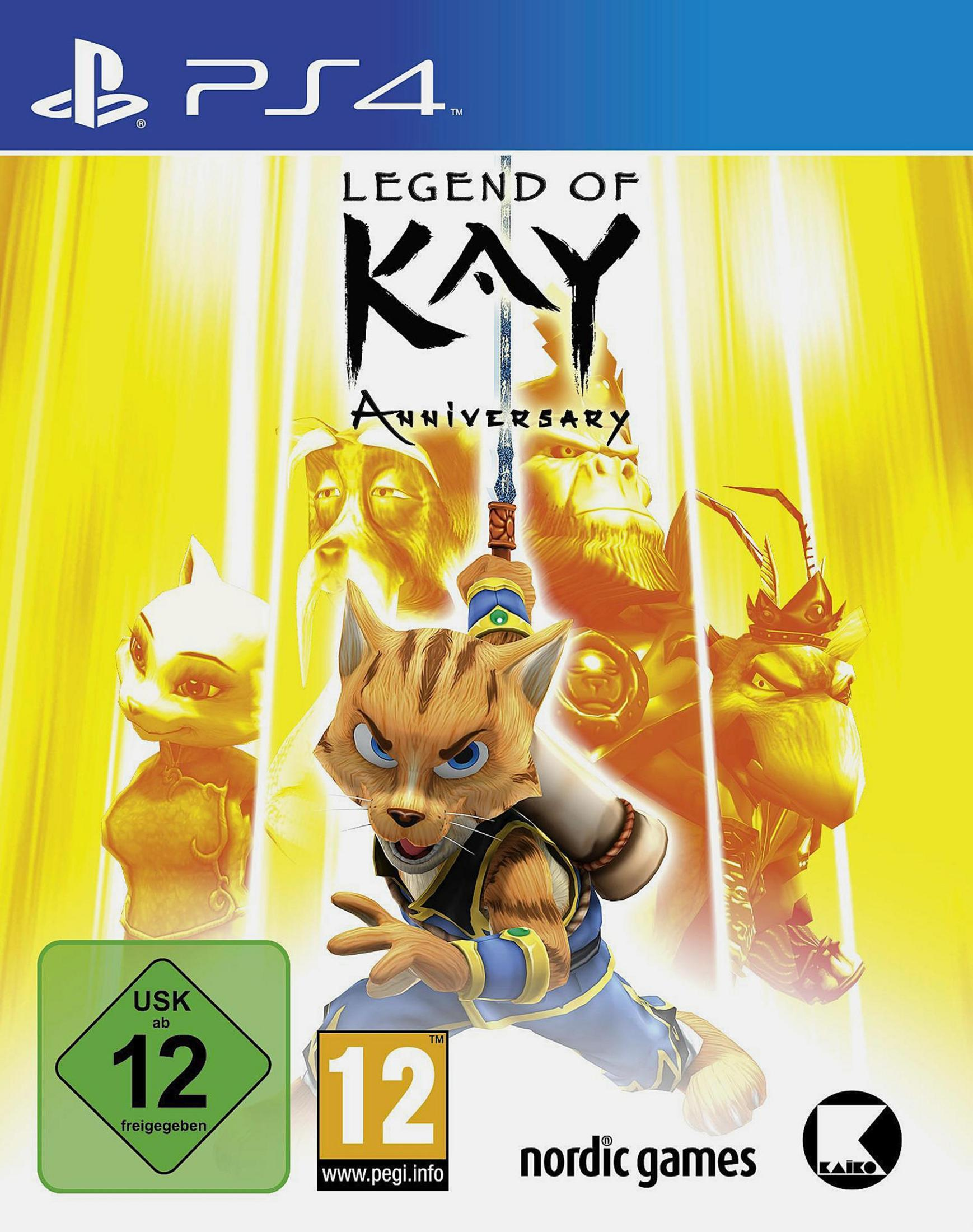 PS4-Spielcover: Legend of Kay. Katzenartiger Charakter mit anderen. Nordic Games Logo.