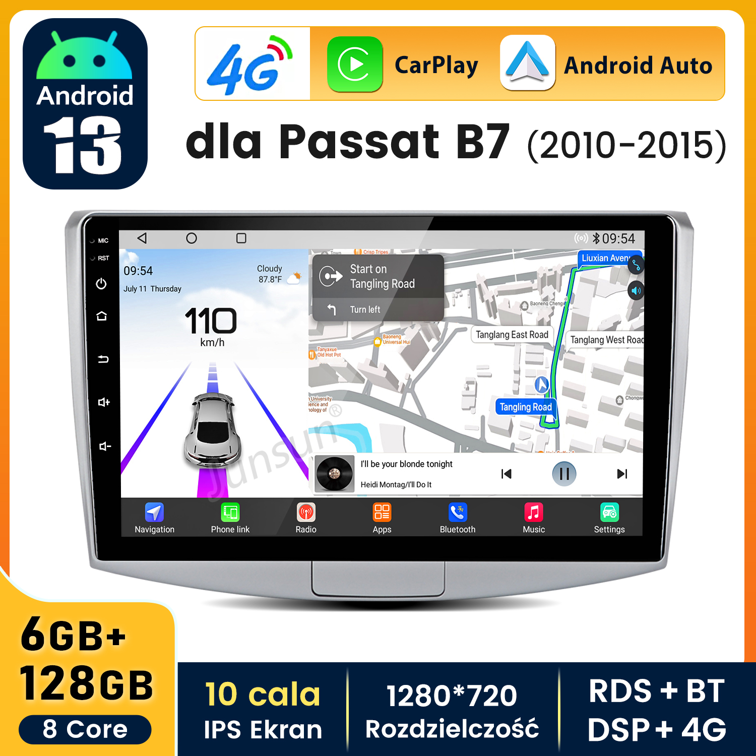 Ekran nawigacji samochodowej wyświetla mapę, ikonę samochodu i kontrolki muzyki.