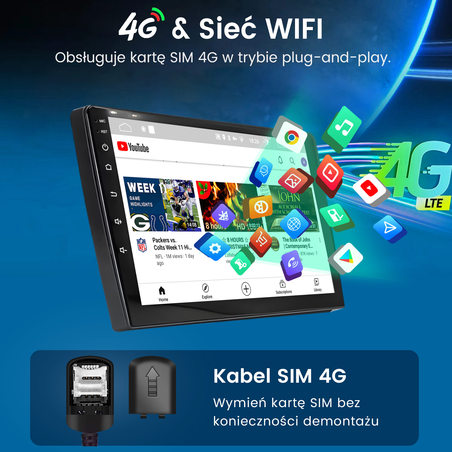 Ekran nawigacji samochodowej z YouTube, 4G LTE i gniazdem karty SIM z funkcją plug-and-play.