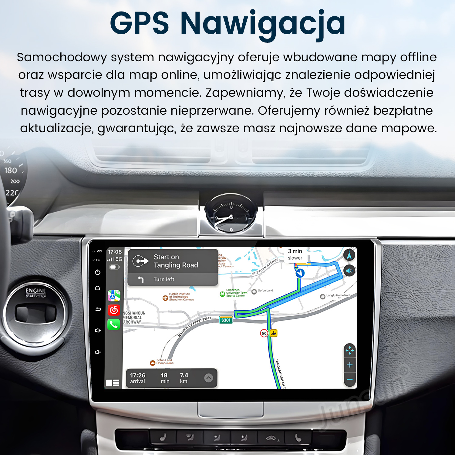 Ekran nawigacji samochodowej z mapą, instrukcjami nawigacji i widokiem deski rozdzielczej.