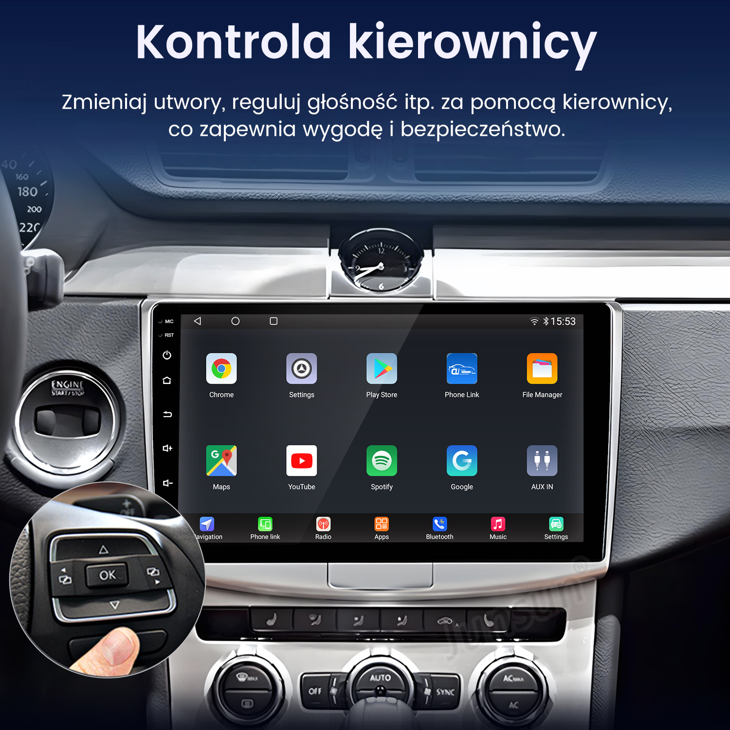 Ekran nawigacji samochodowej wyświetlający ustawienia, aplikacje i muzykę z kontrolkami kierownicy.