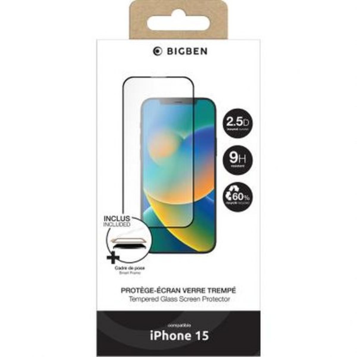 Emballage de protection d'écran iPhone 15 avec image du téléphone, texte et icônes.