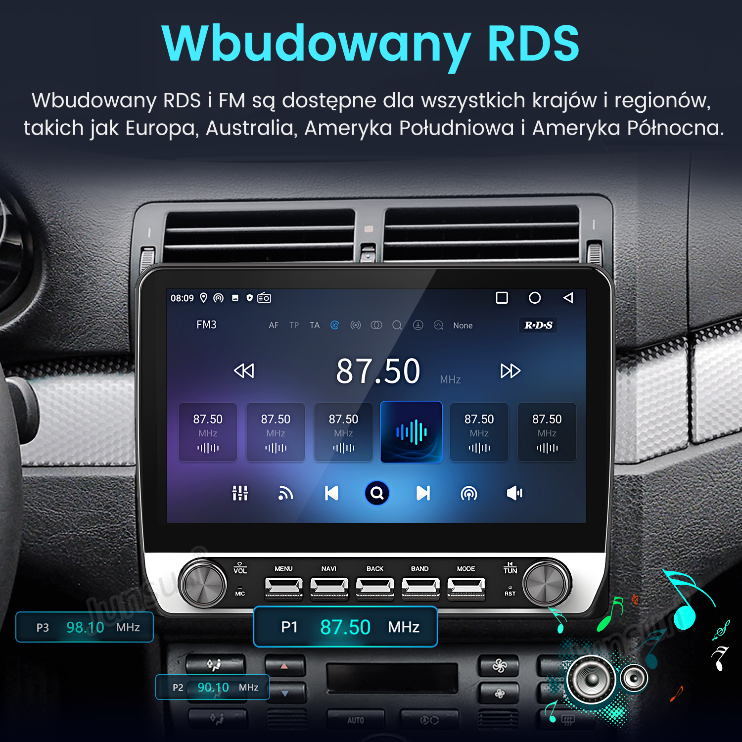 Radio samochodowe z ekranem pokazującym interfejs radia. Tekst jest w języku polskim.