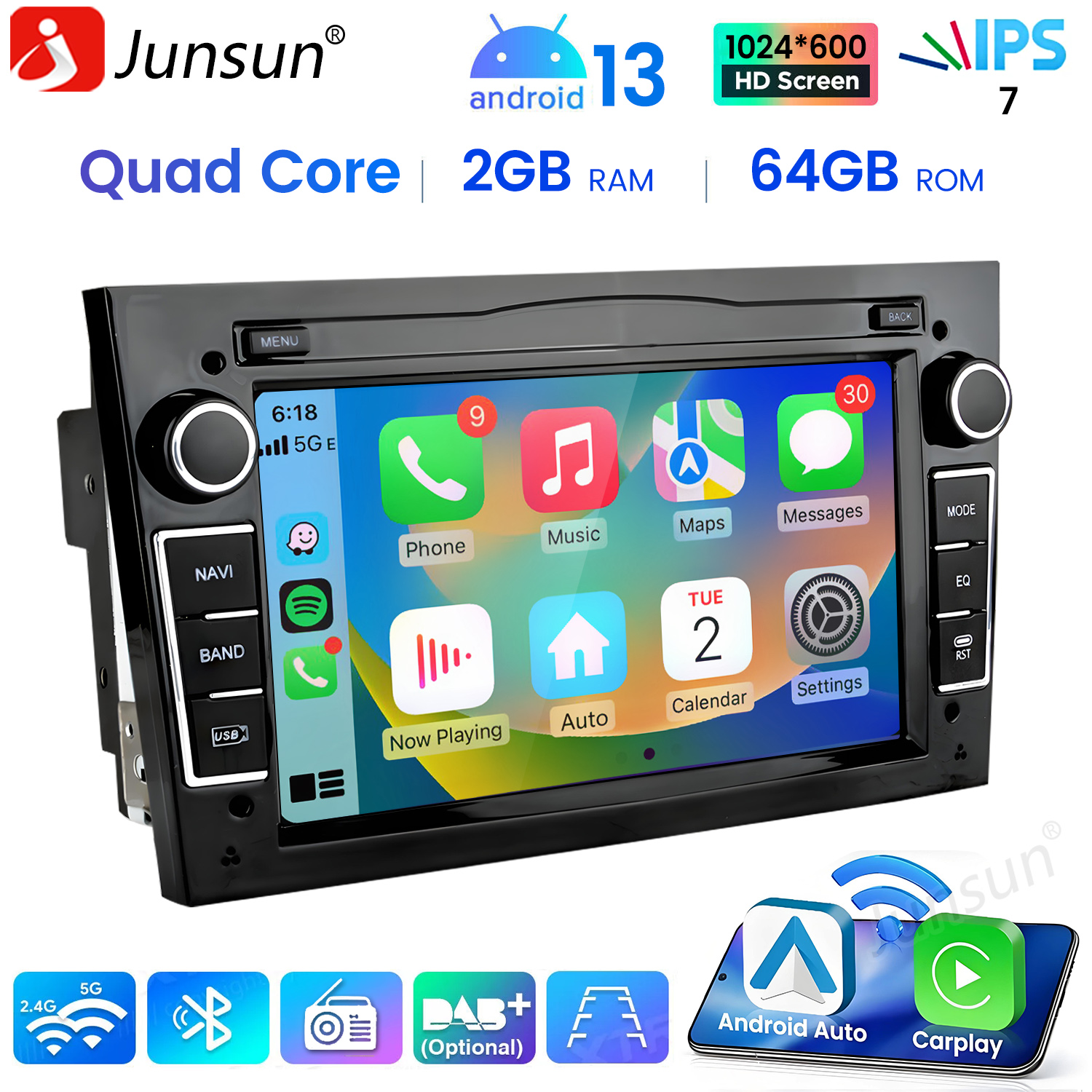 Ekran radia samochodowego z menu głównego z ikonami aplikacji i dodatkowymi ramkami.