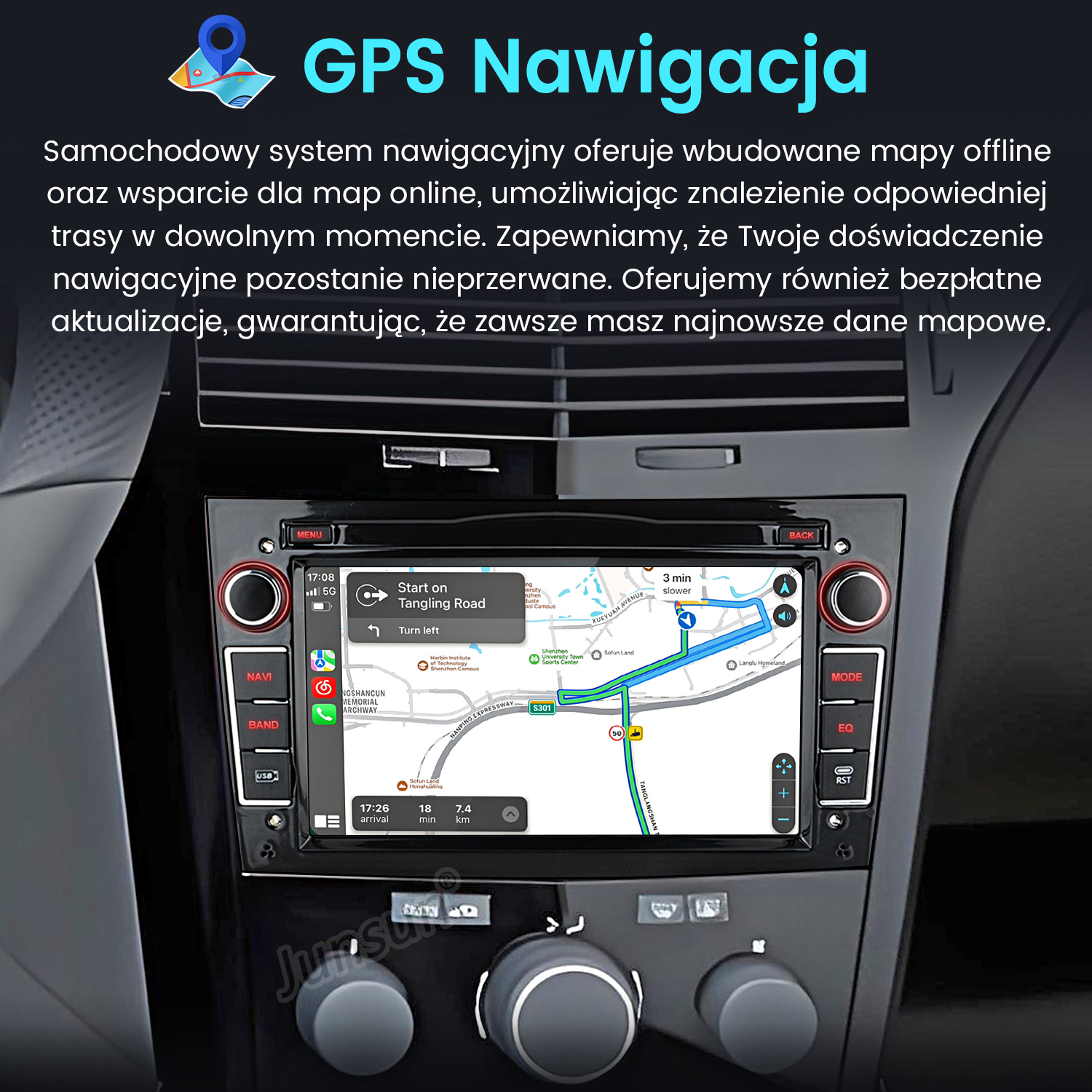 Ekran radia samochodowego z mapą nawigacji i trasą. Czarna deska rozdzielcza z przyciskami.