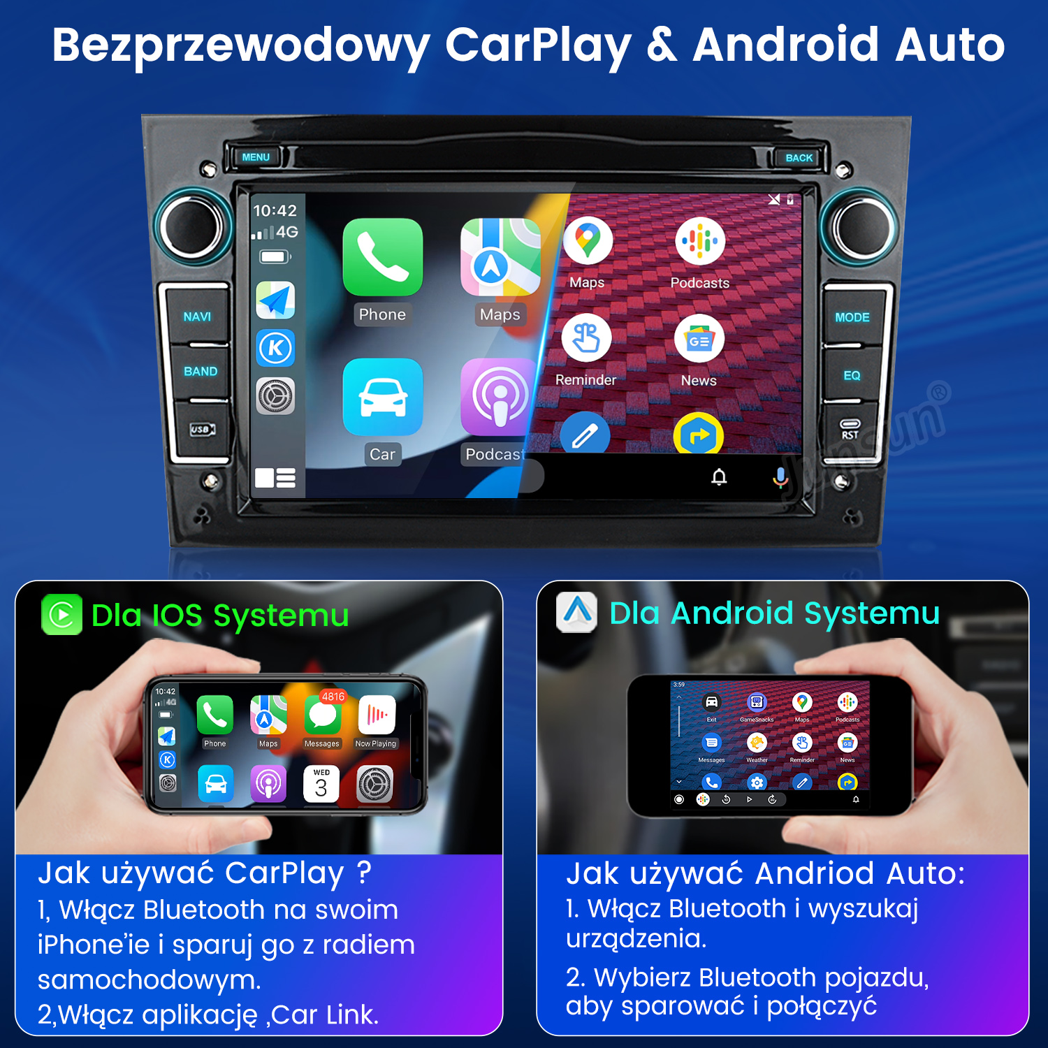 Ekran radia samochodowego z ikonami aplikacji i nawigacją. Dwa mniejsze ekrany poniżej z instrukcjami.