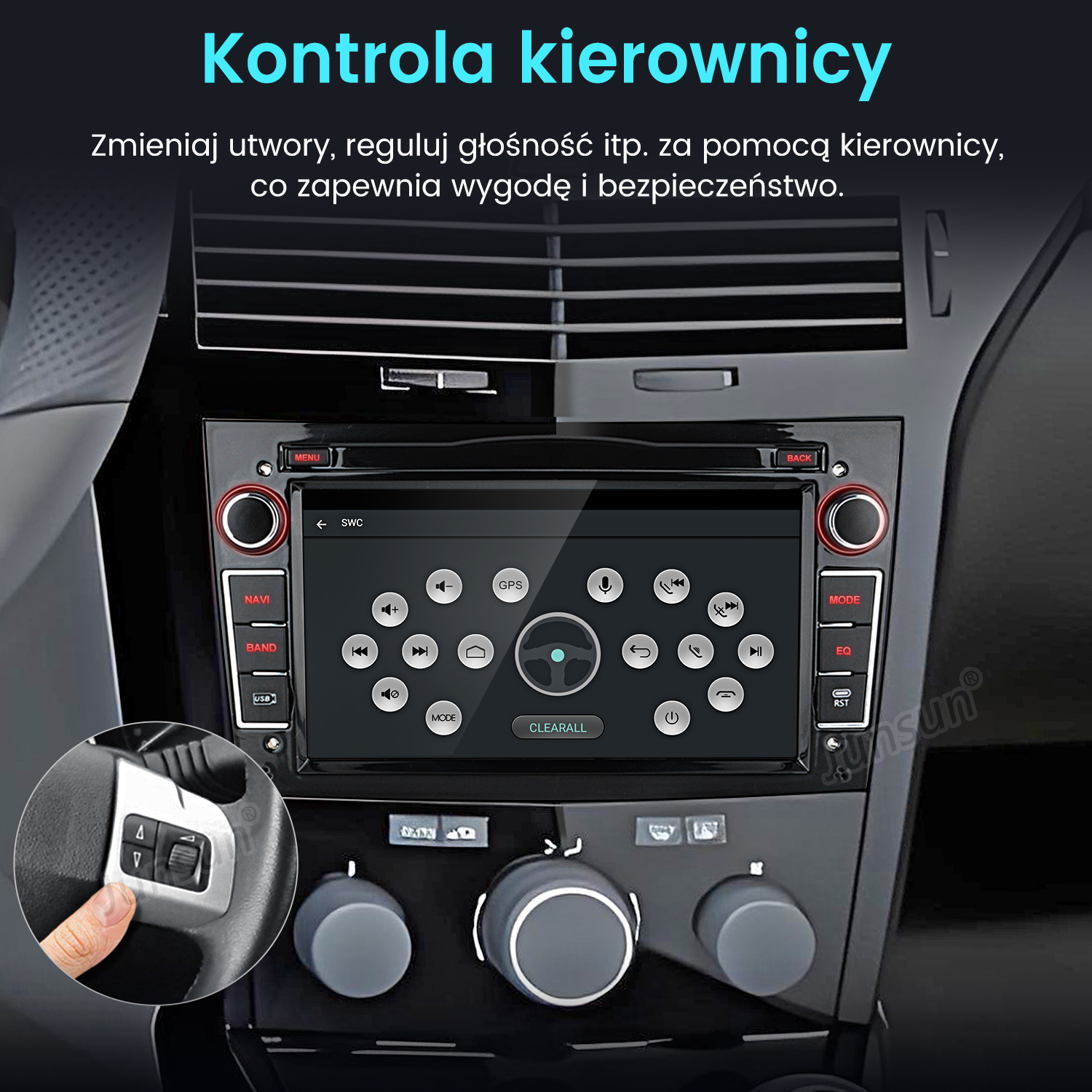 Radio samochodowe z ekranem dotykowym wyświetlającym różne opcje. Ręka używa kierownicy.