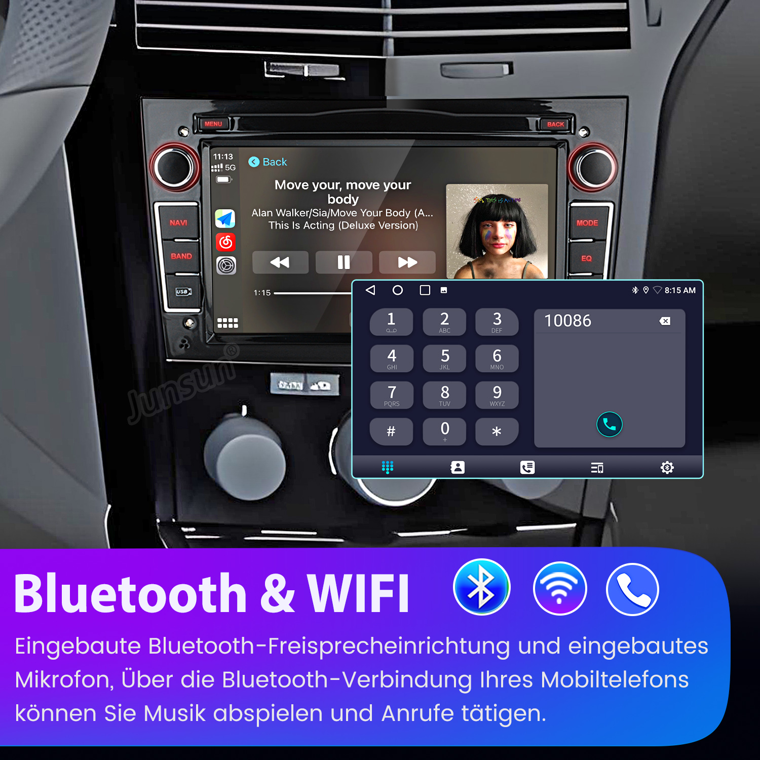 Ekran radia samochodowego wyświetlający muzykę i dialer telefoniczny. Czarna deska rozdzielcza.