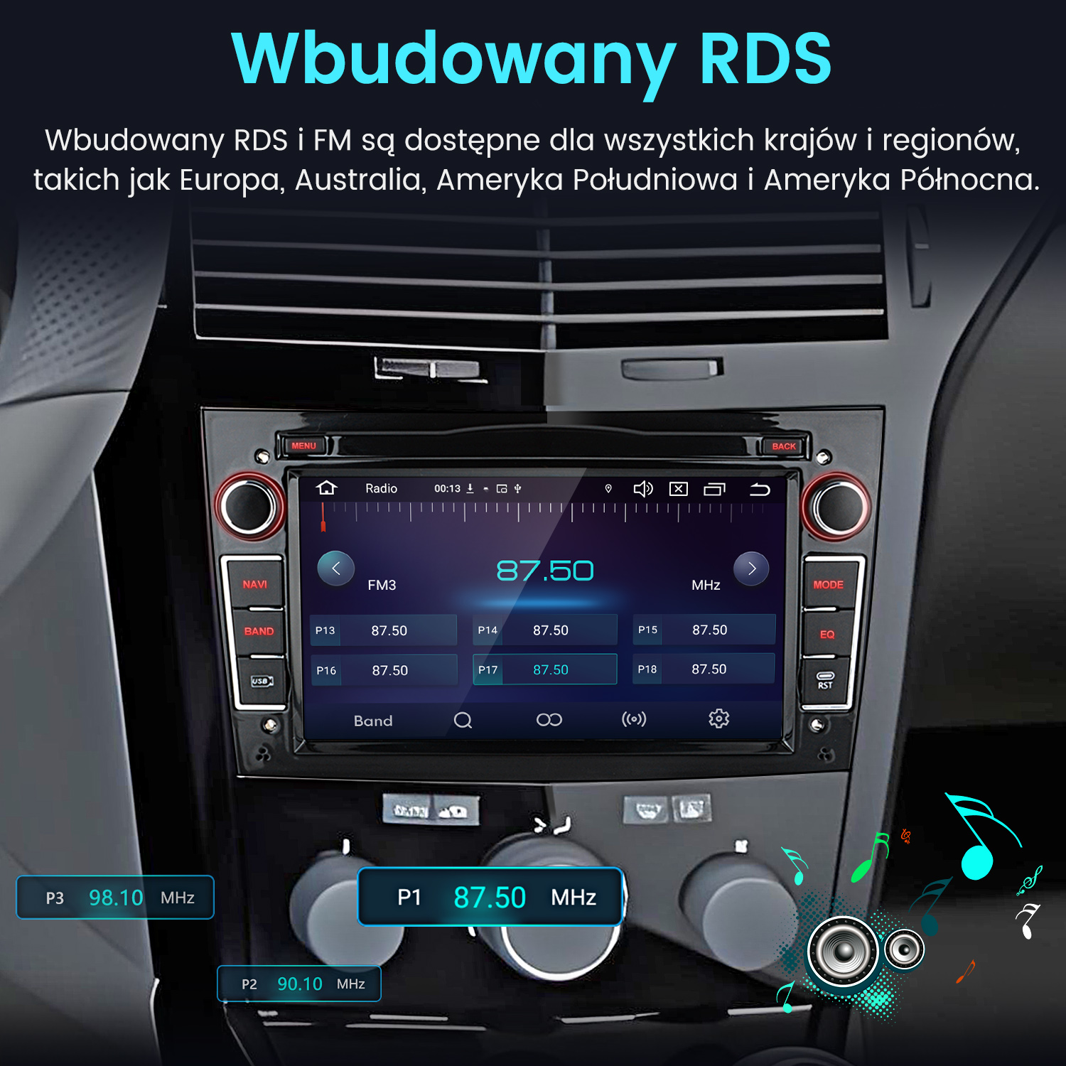 Radio samochodowe z ekranem pokazującym interfejs radia. Tekst jest w języku polskim.