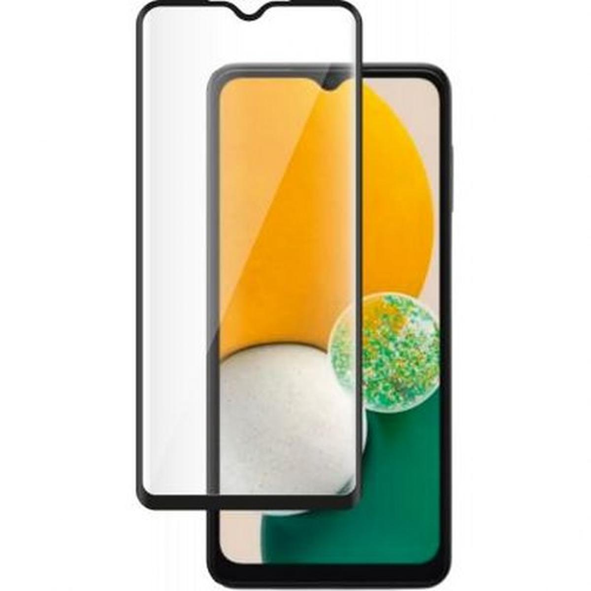 Cellulare con protezione schermo. Telefono nero, protezione trasparente.