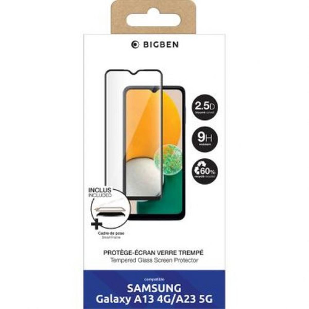 Scatola protezione schermo smartphone. Immagine smartphone visibile. Testo inglese, bianco e nero.