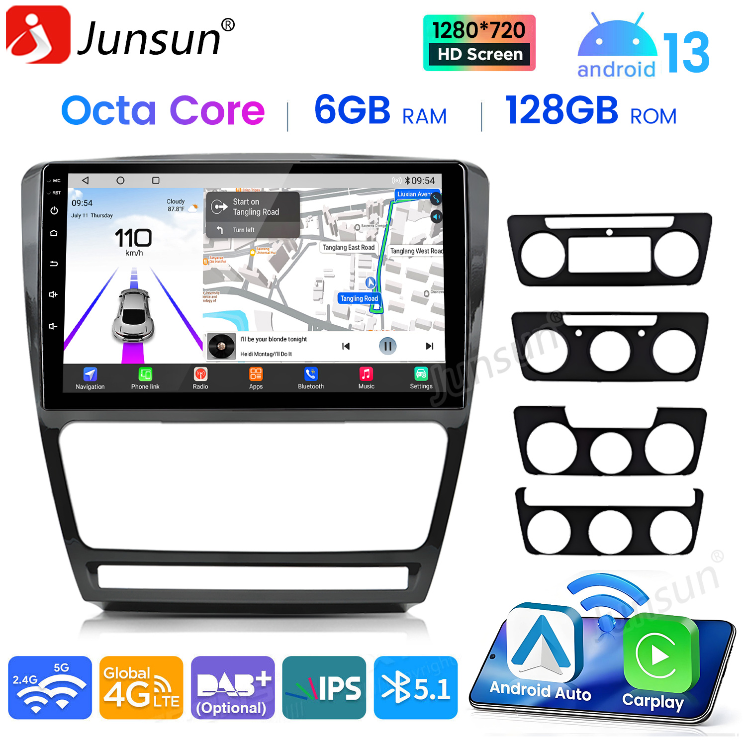 Ekran radia samochodowego z nawigacją i ikonami aplikacji. Akcesoria dołączone poniżej. Czarna ramka.