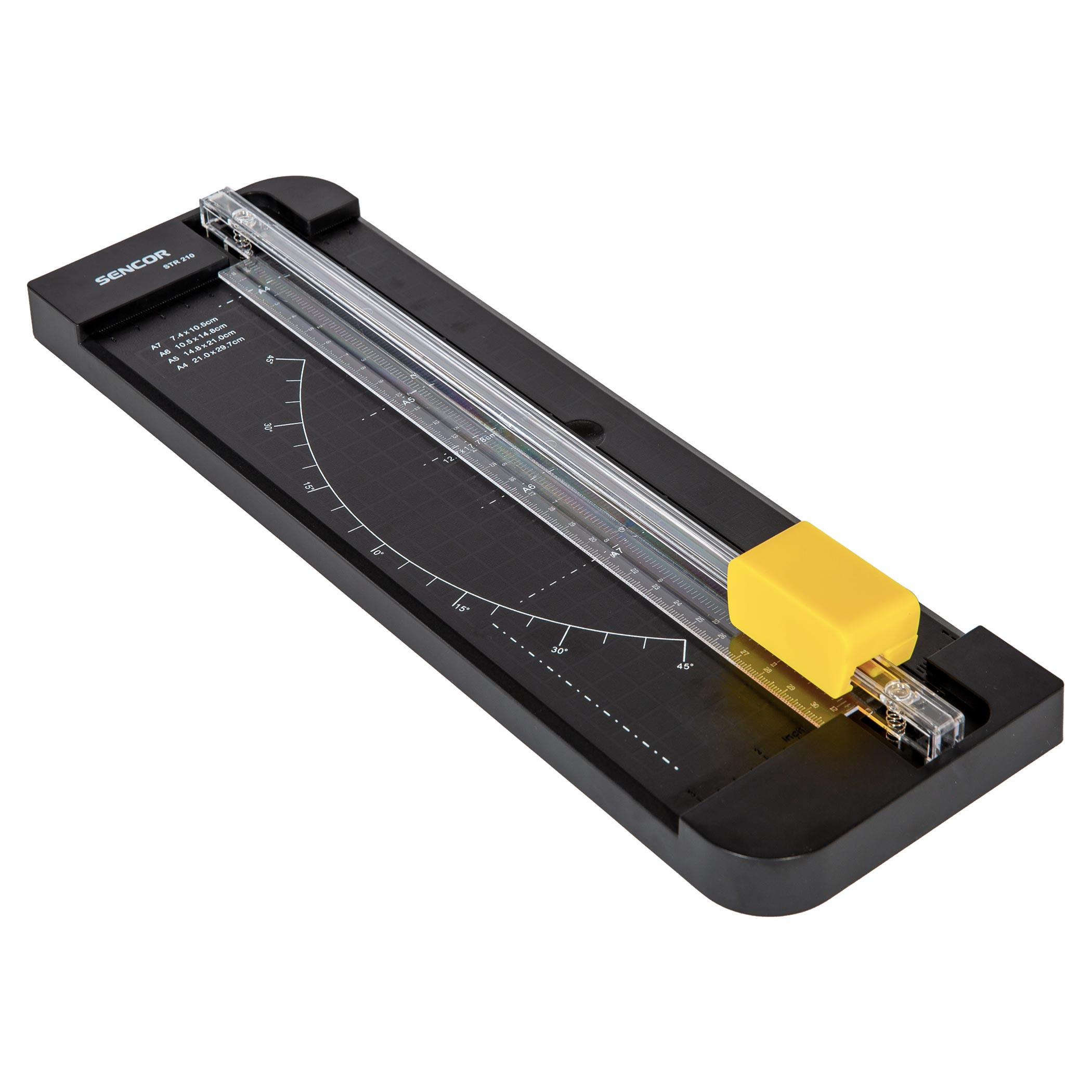 Czarna gilotyna do papieru z żółtym uchwytem. Ma oznaczone miary i kąty.