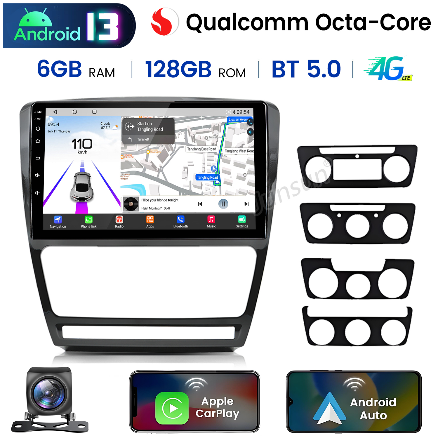 Ekran radia samochodowego z nawigacją i ikonami aplikacji. Dodatkowa kamera i obsługa Android Auto.