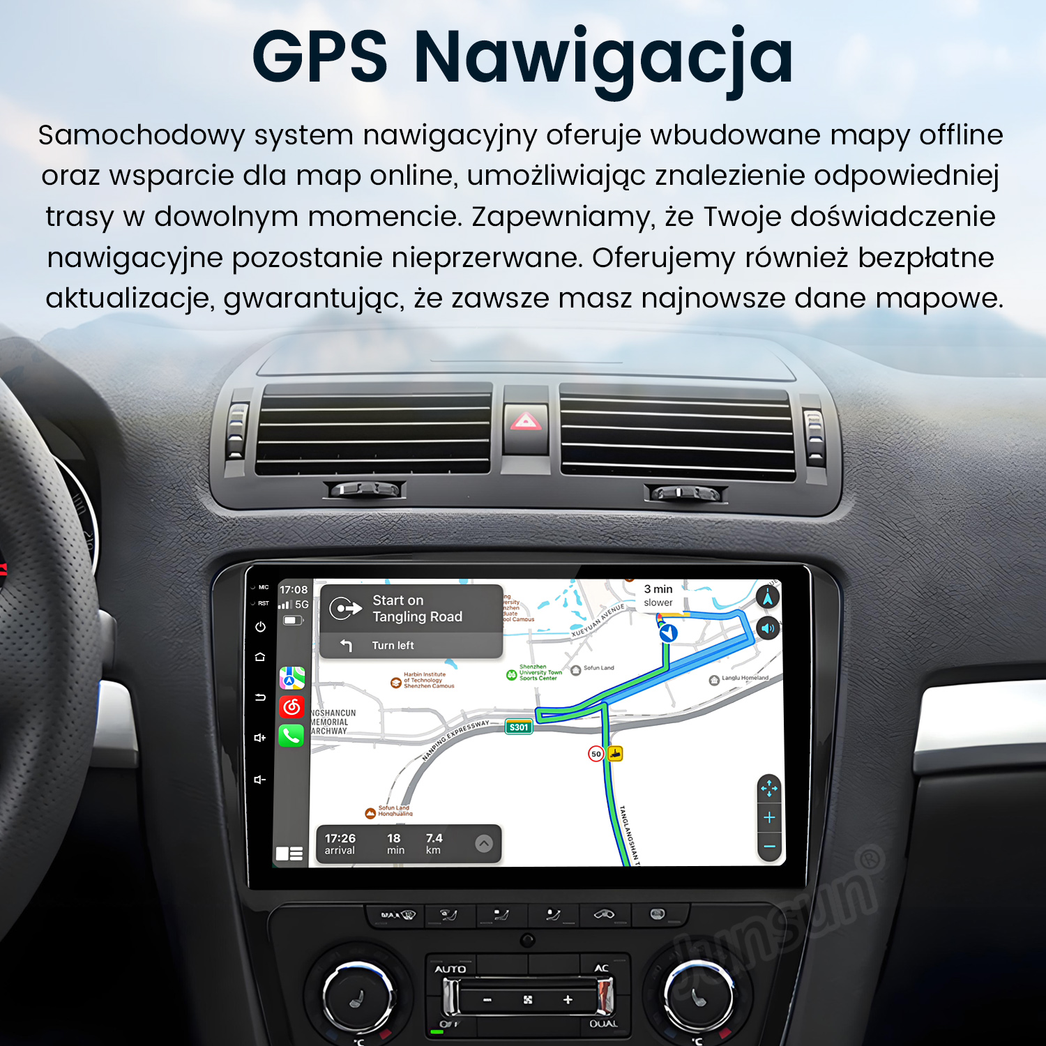 Ekran radia samochodowego z mapą nawigacji i trasą. Czarna deska rozdzielcza z przyciskami.