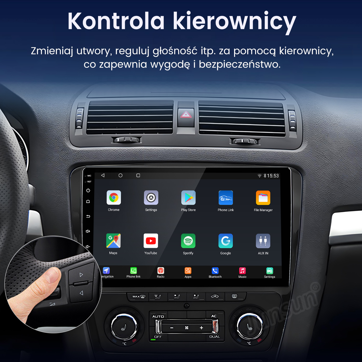 Deska rozdzielcza samochodu z ekranem wyświetlającym aplikacje. Ręka używa elementów sterowania kierownicy.