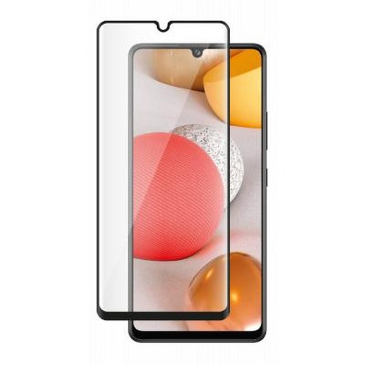 Een schermbeschermer voor een telefoon en de telefoon. De telefoon toont een kleurrijke achtergrond.