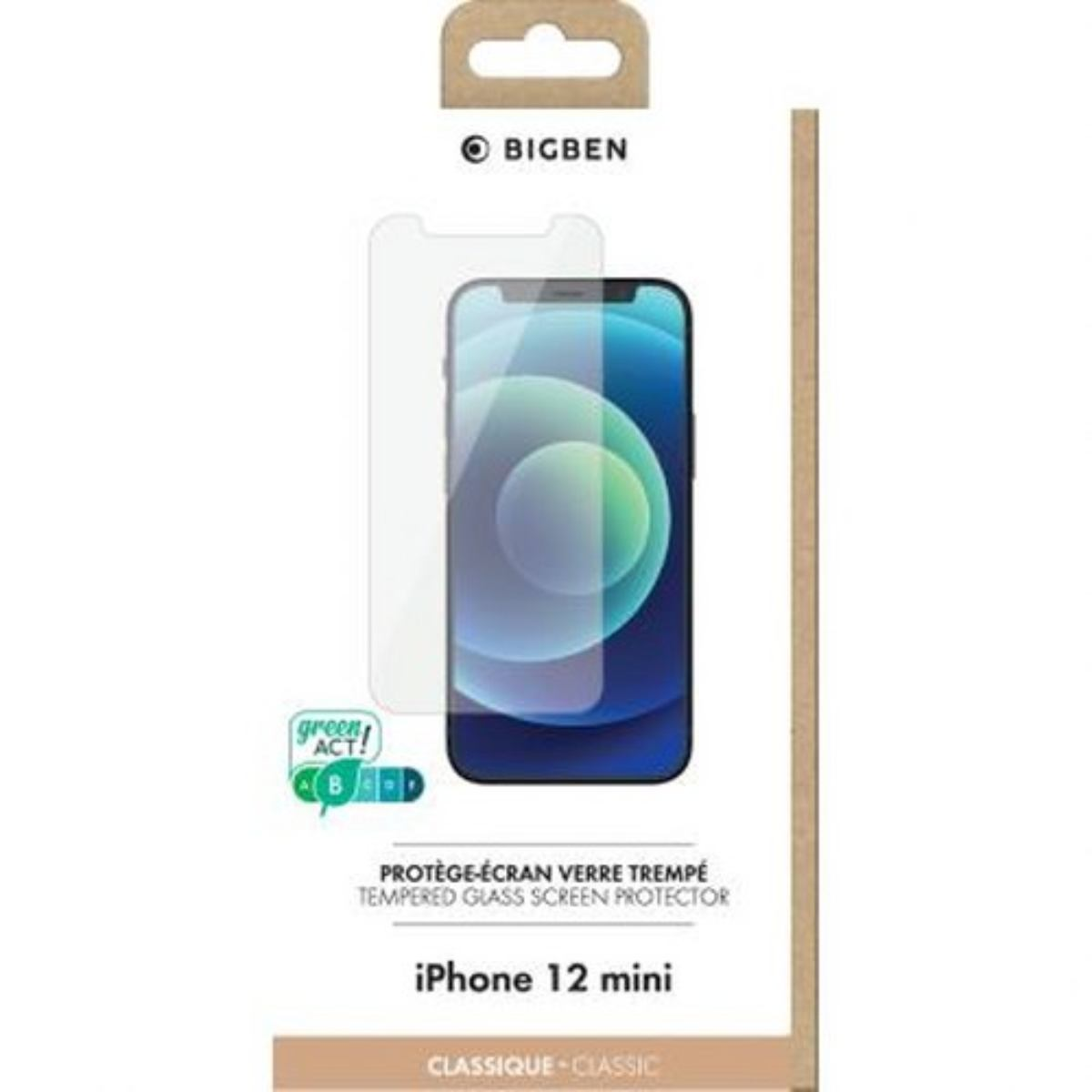iPhone 12 mini schermbeschermer doos. De schermbeschermer en telefoon zijn zichtbaar in de verpakking.