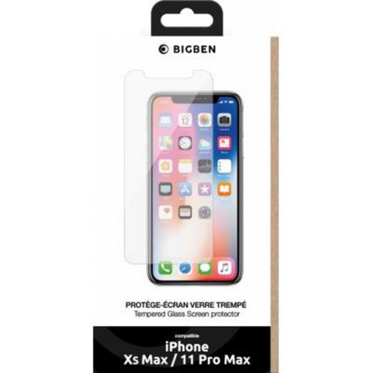 Een iPhone Xs Max/11 Pro Max met een schermbeschermer en het merk BIGBEN.