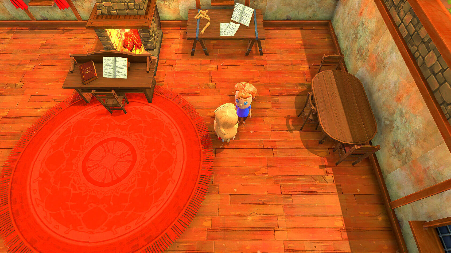 Dwie postacie stoją na drewnianej podłodze w pokoju z kominkiem i czerwonym dywanem.