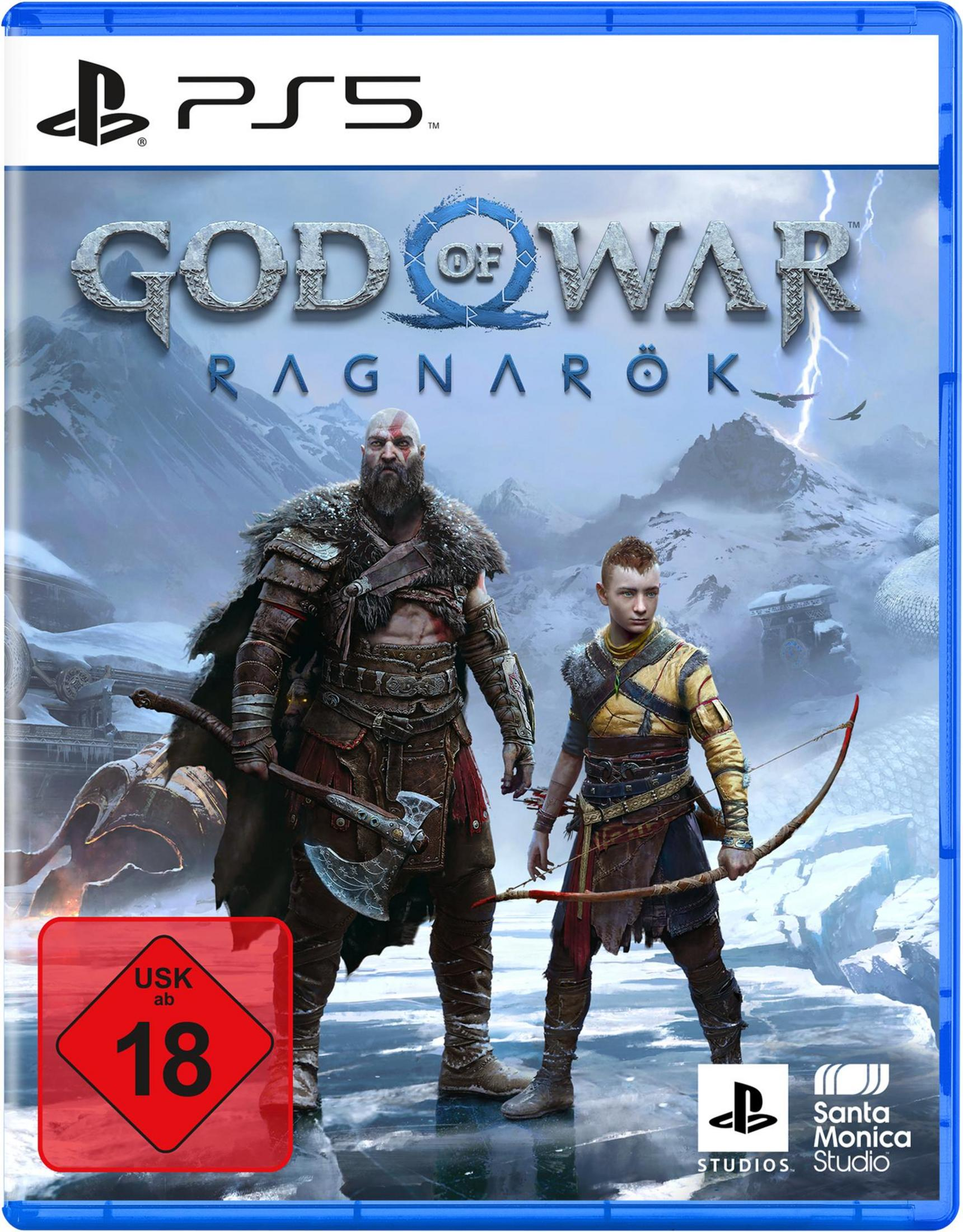 Grafika pudełka gry God of War: Ragnarok z dwiema postaciami z bronią.