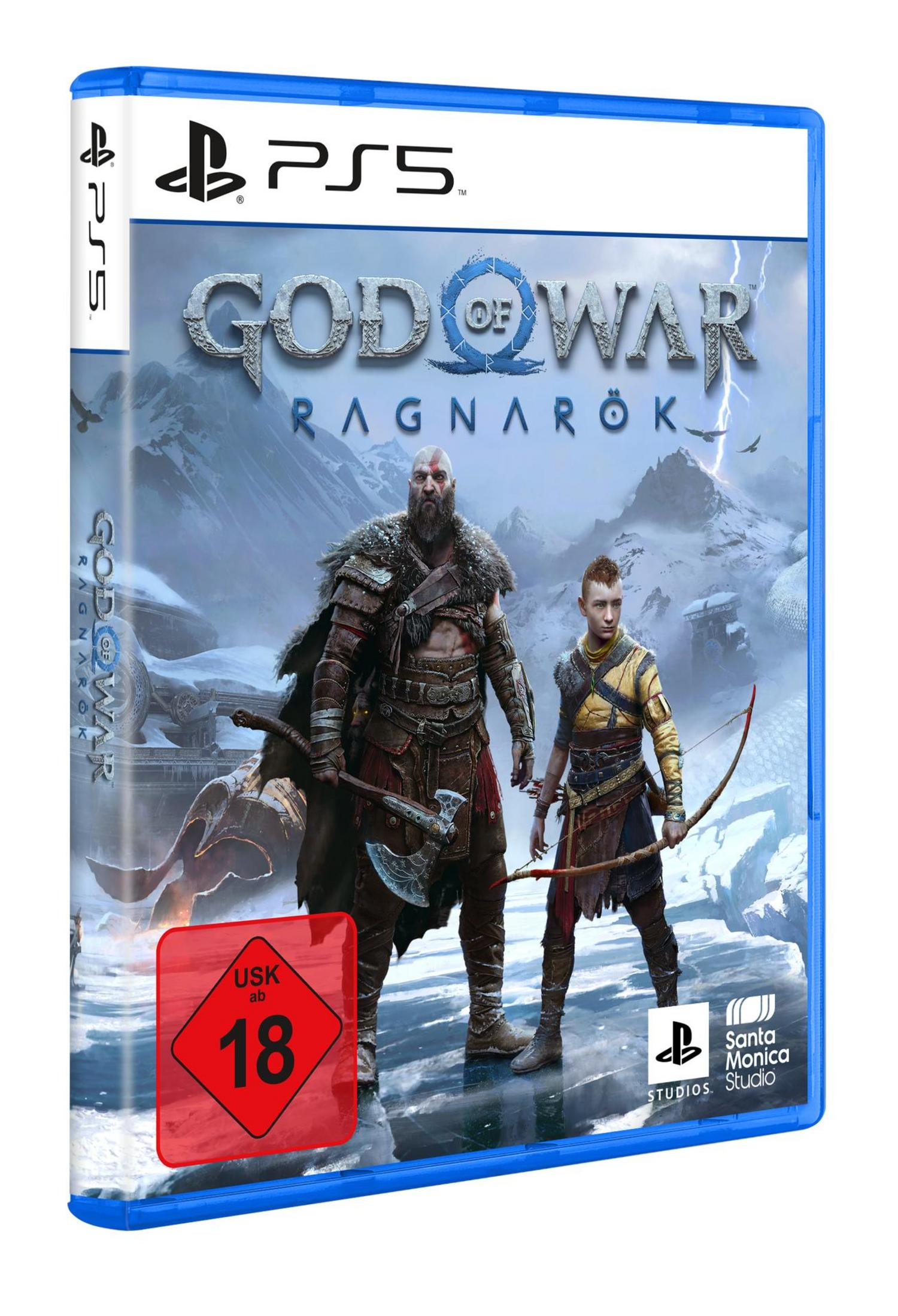 Okładka gry God of War Ragnarok na PS5, przedstawiająca Kratosa i Atreusa na tle śnieżnego tła.