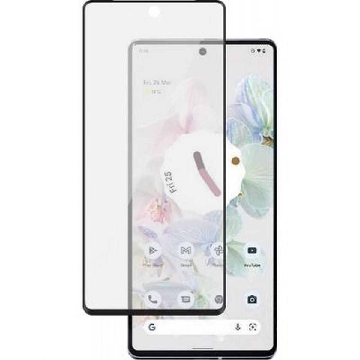 Een telefoon met een schermbeschermer. Toont een startscherm van een telefoon met pictogrammen.
