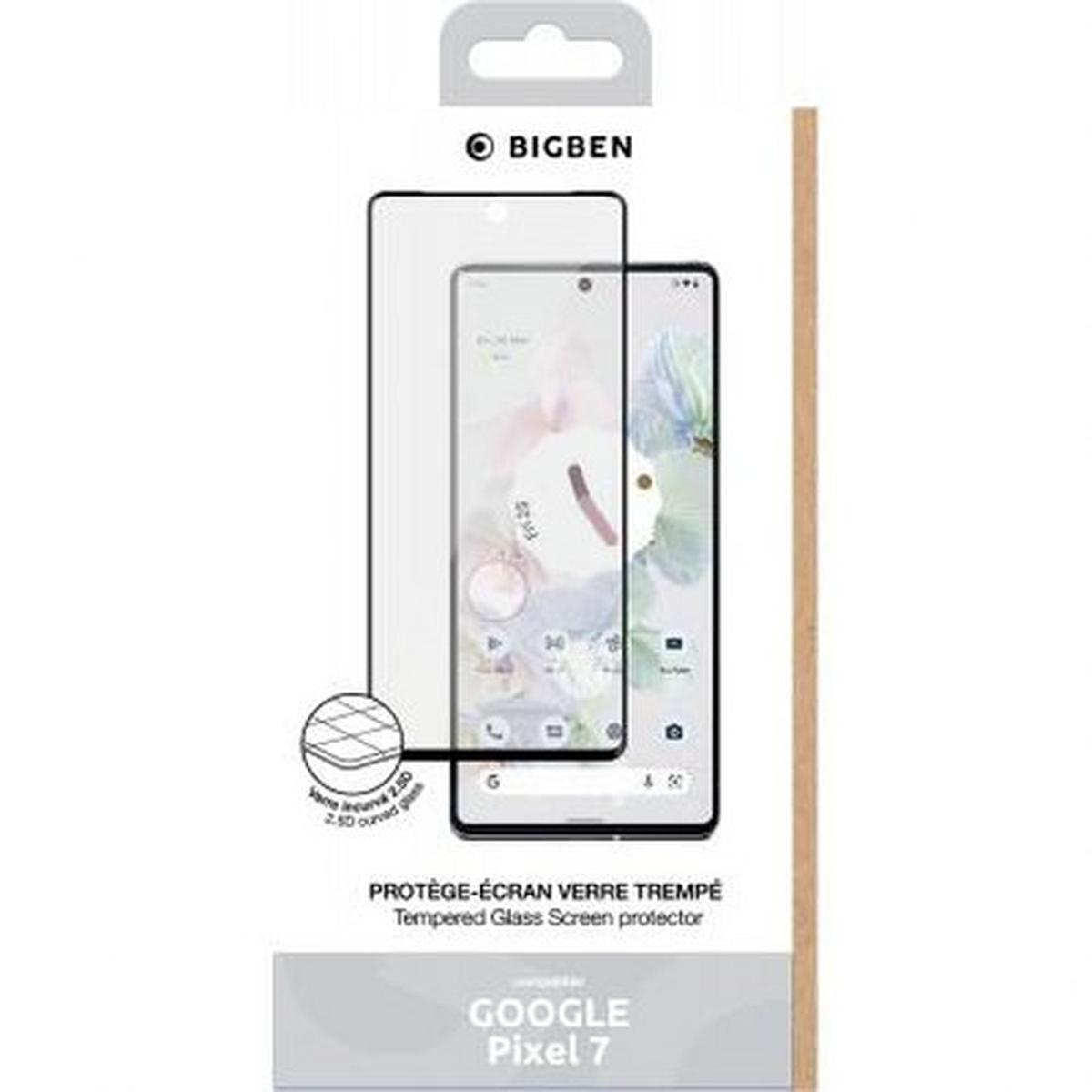 Een schermbeschermer voor een Google Pixel 7, in de verpakking, met de telefoon rechts.