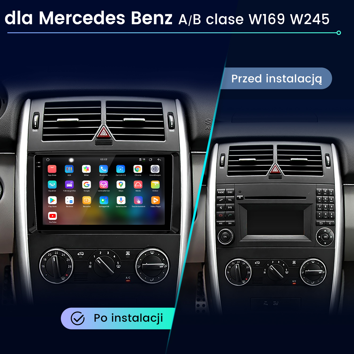 Deska rozdzielcza samochodu z ekranem pokazującym nawigację i widok instalacji samochodu. Prawa strona pokazuje instalację.