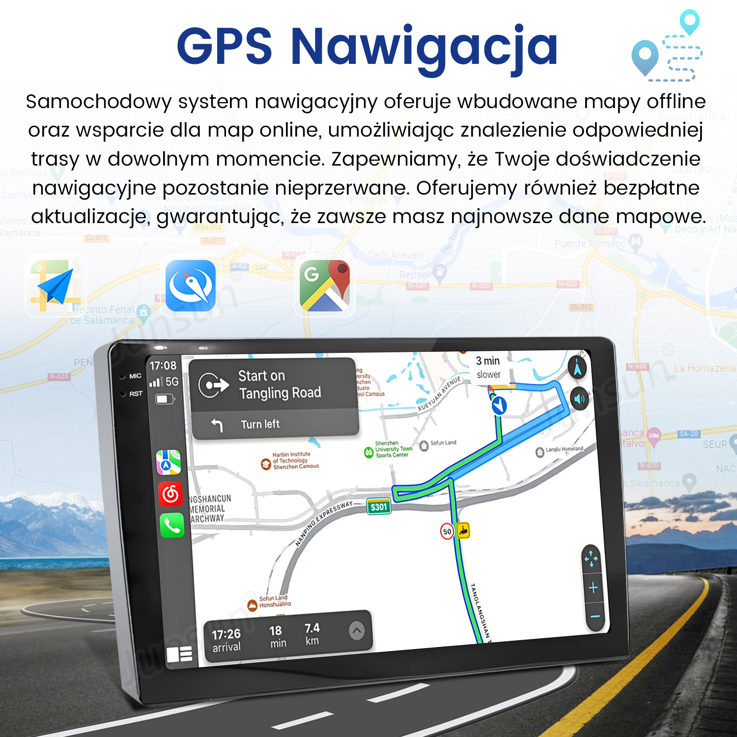 System nawigacji samochodowej pokazujący mapę z trasą. Ekran pokazuje również czas przybycia i odległość.