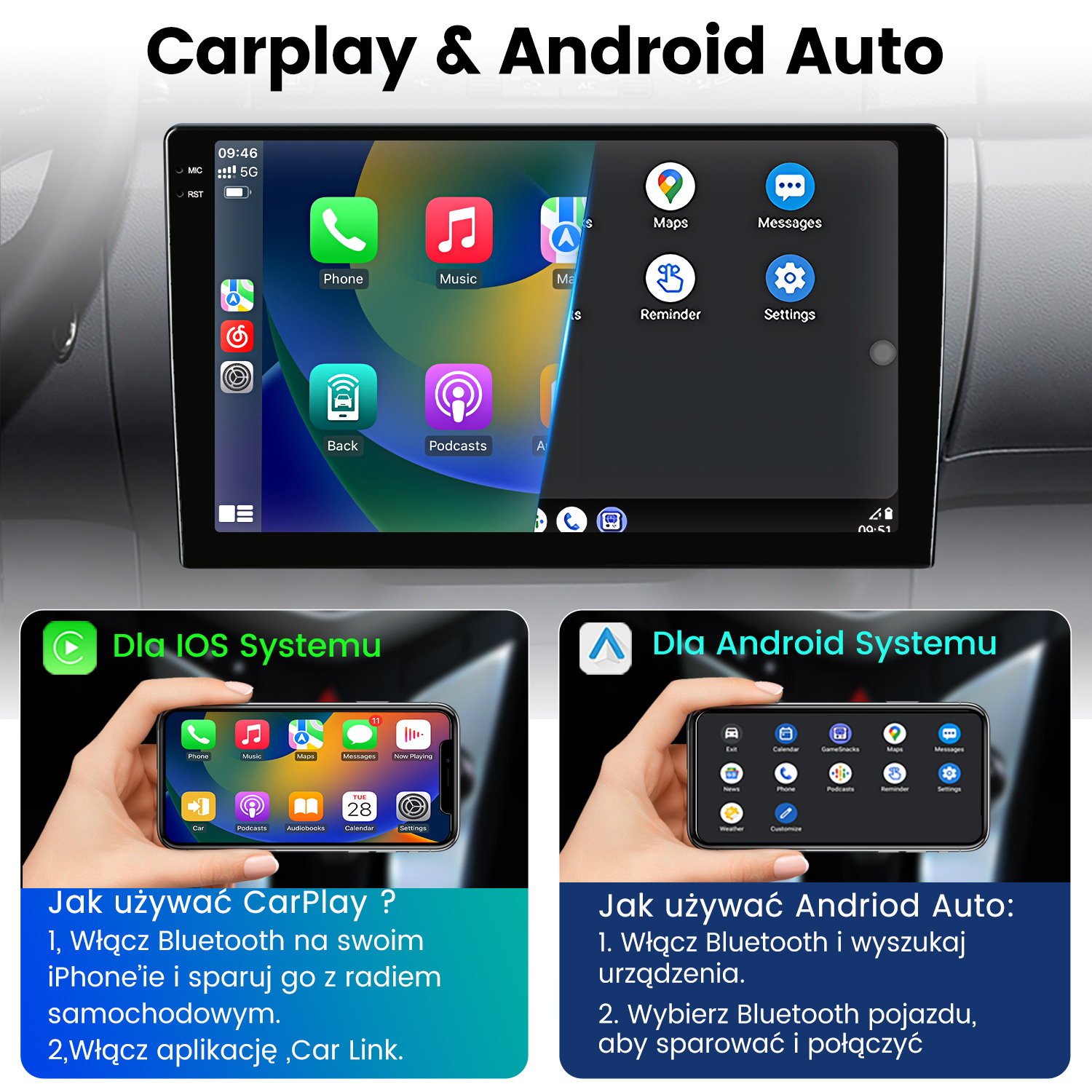 Ekrany pokazujące interfejsy CarPlay i Android Auto. Widoczne są ekrany telefonów i radia samochodowego.