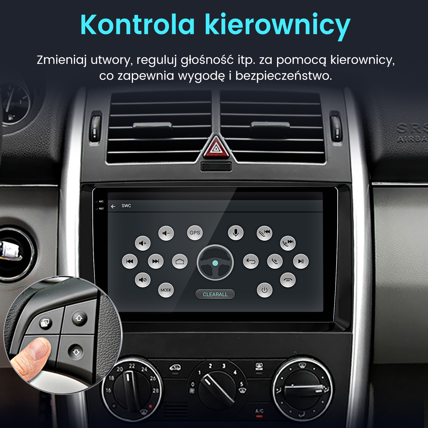 Deska rozdzielcza samochodu z ekranem pokazującym elementy sterujące i tekst.