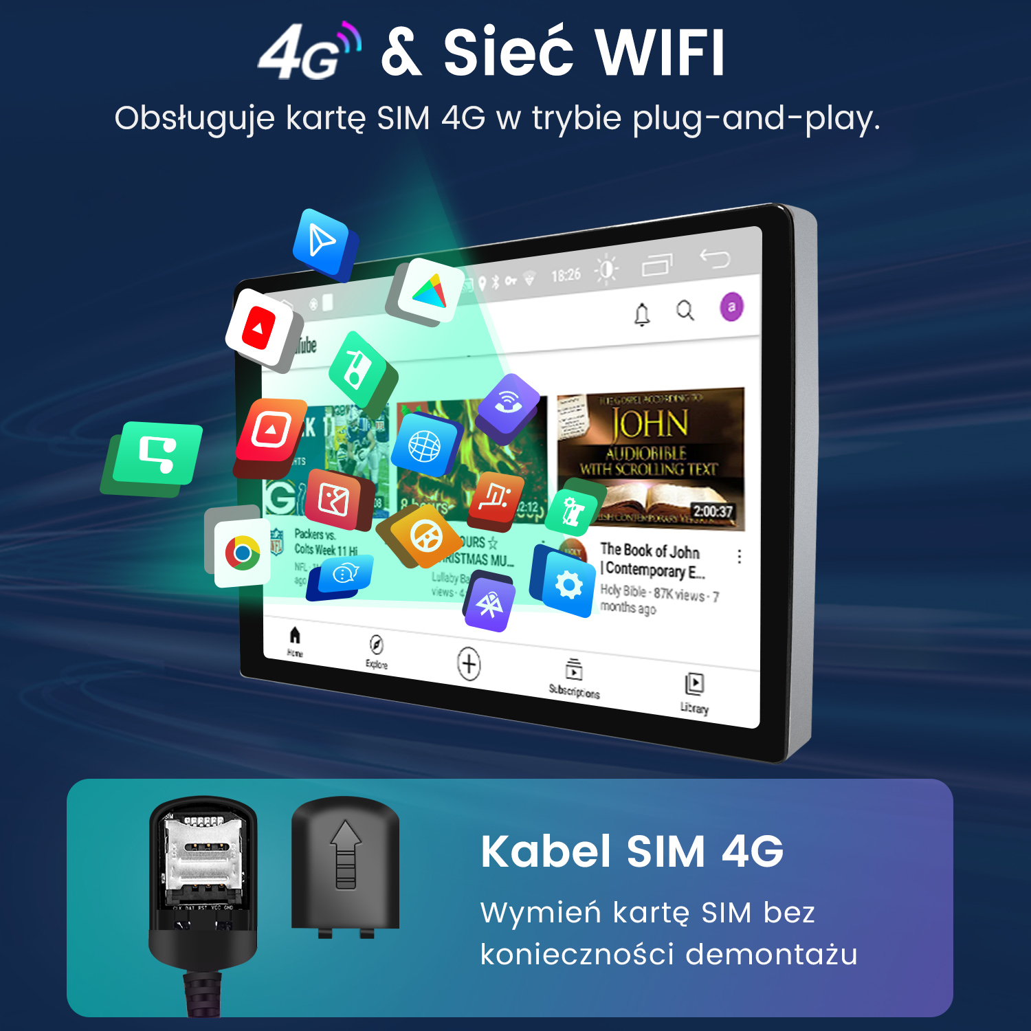 Wyświetlacz multimedialny do samochodu z ikonami aplikacji, gniazdem SIM 4G i kablem SIM.