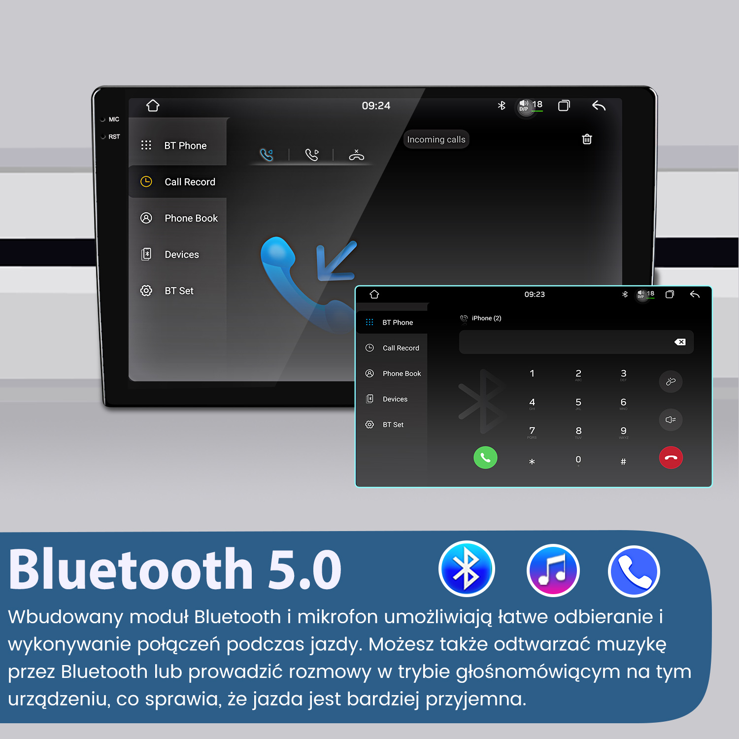 Wyświetlacz multimedialny w samochodzie z ustawieniami Bluetooth 5.0, ikonami telefonu i połączeń.