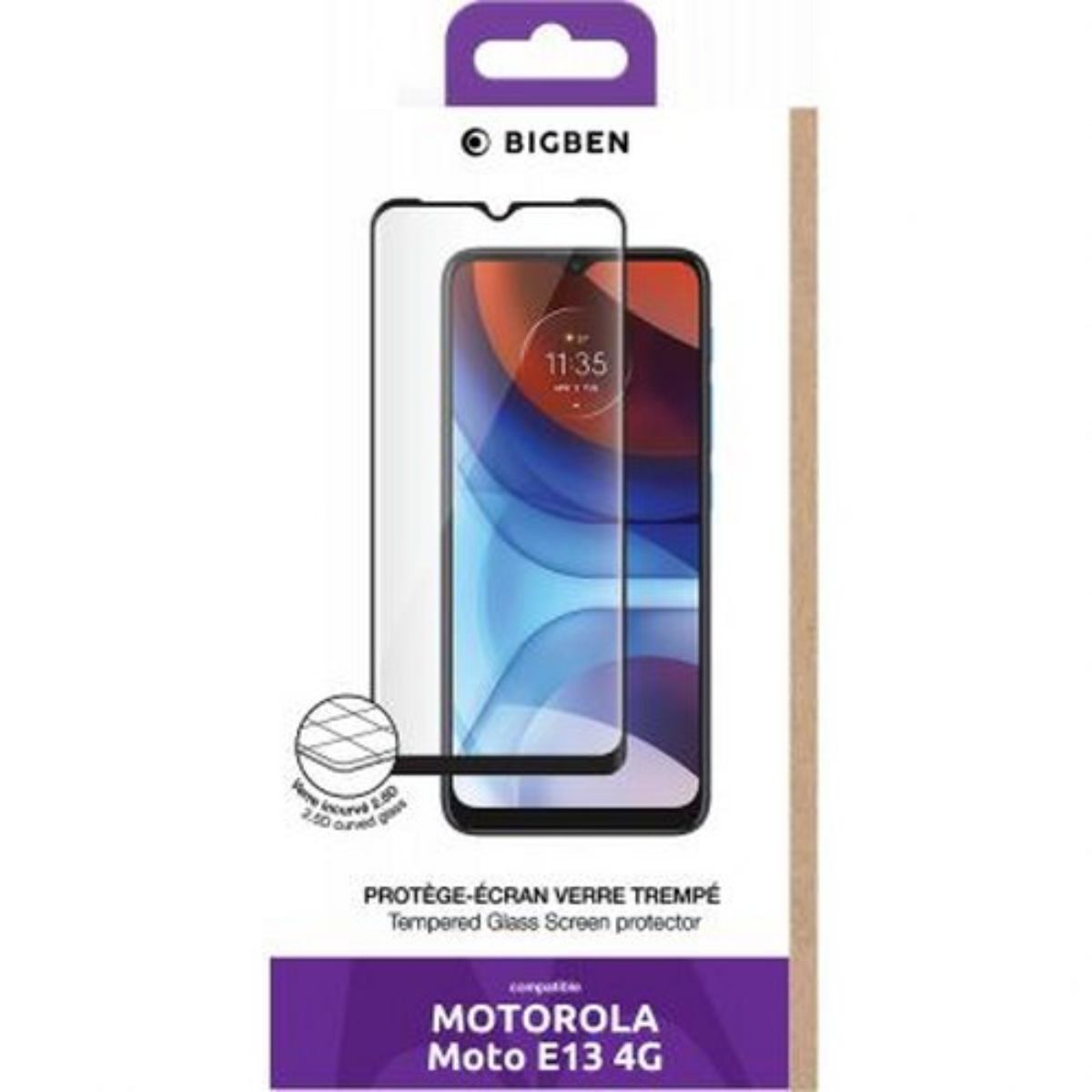 Emballage pour un protecteur d'écran Motorola Moto E13 4G, avec le téléphone visible.