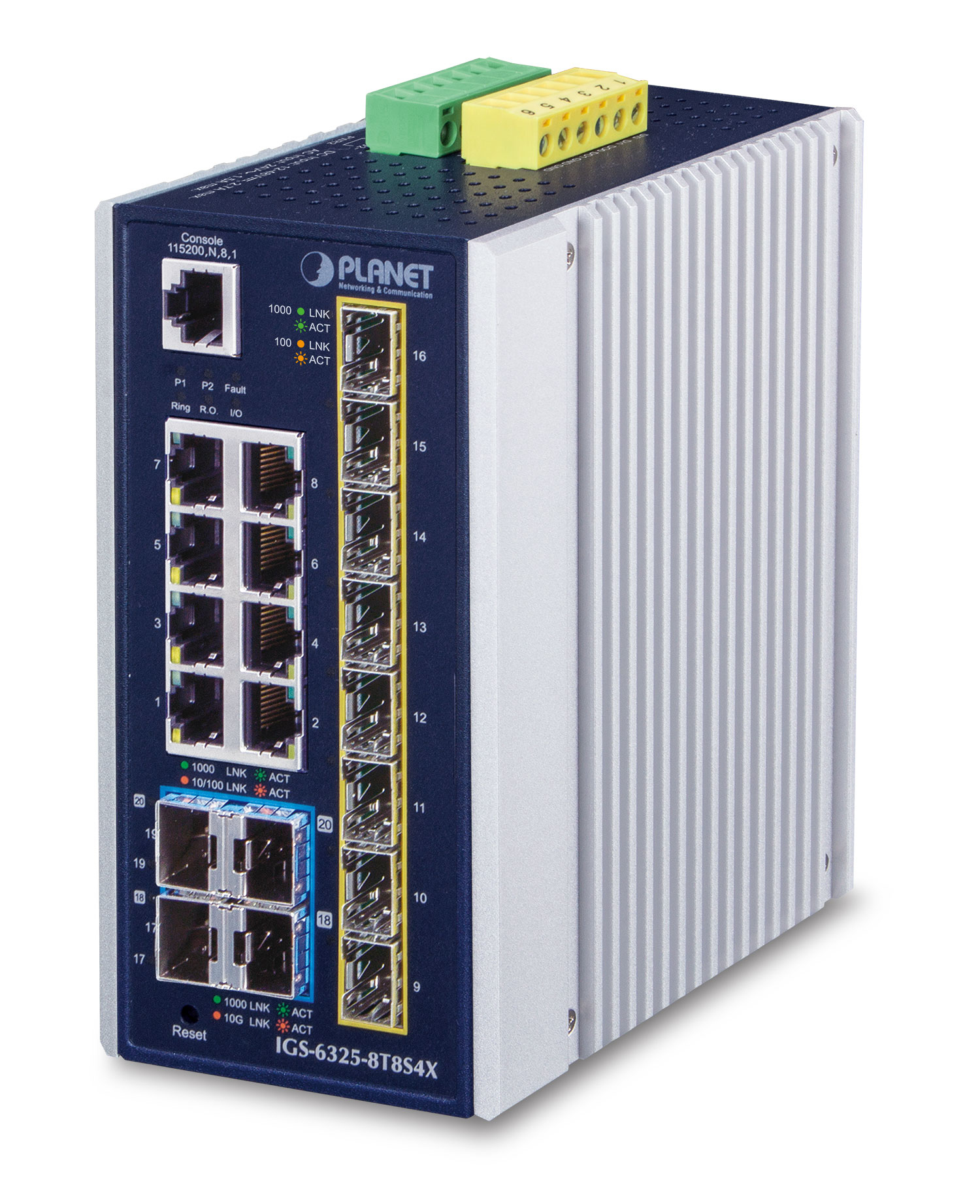 Uno switch di rete Planet con più porte, LED e connettori verdi/gialli sopra.
