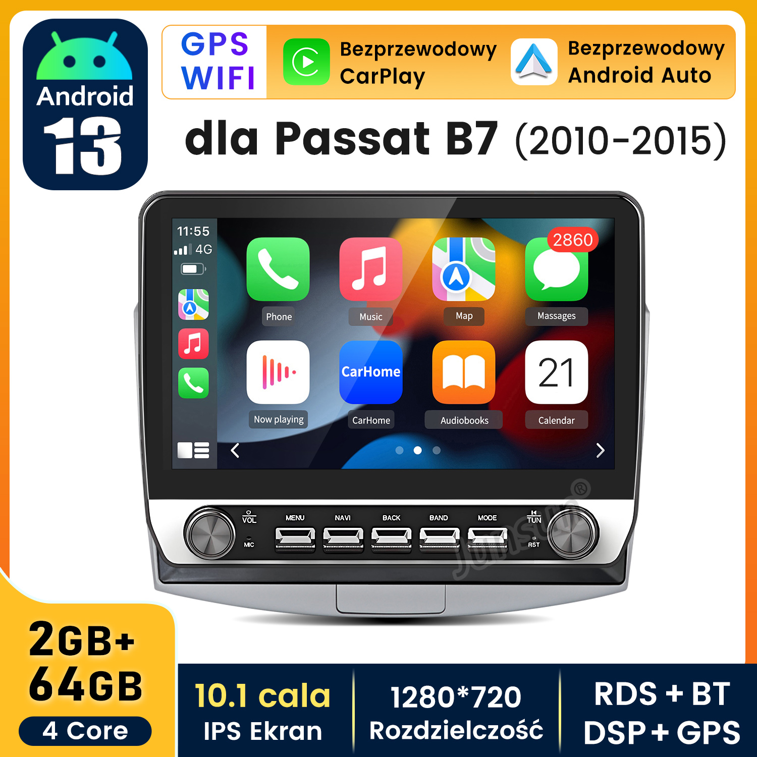 Wyświetlacz multimedialny w samochodzie z interfejsem Android 13 i różnymi ikonami aplikacji.