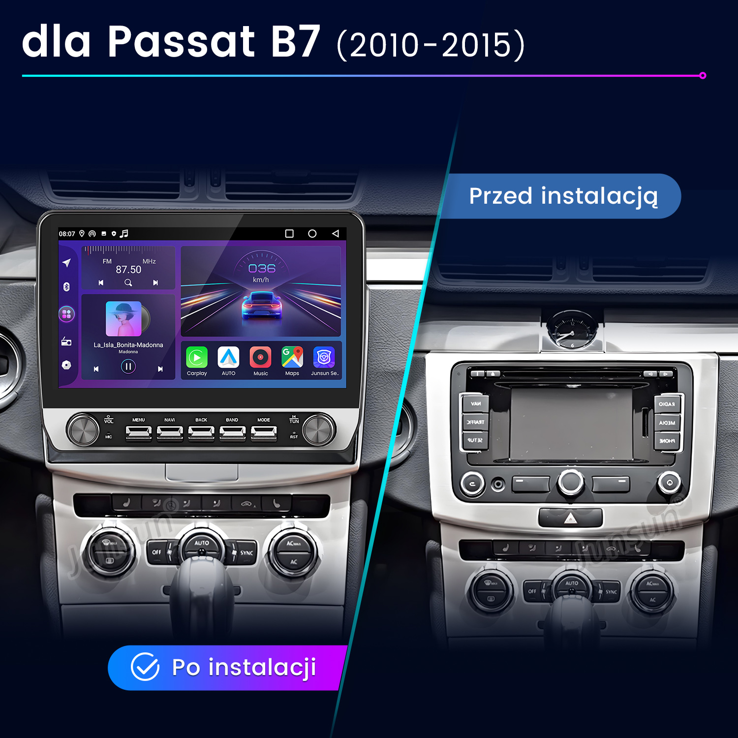 System multimedialny do samochodu zainstalowany i odinstalowany, wnętrze samochodu, ekran dotykowy.