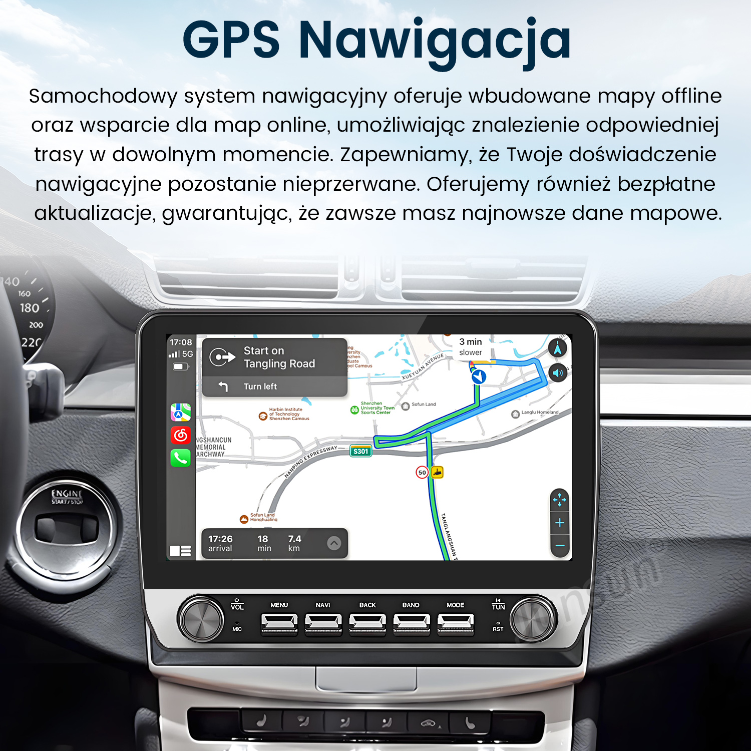 Wyświetlacz multimedialny w samochodzie z mapą nawigacji GPS i widocznym wnętrzem.