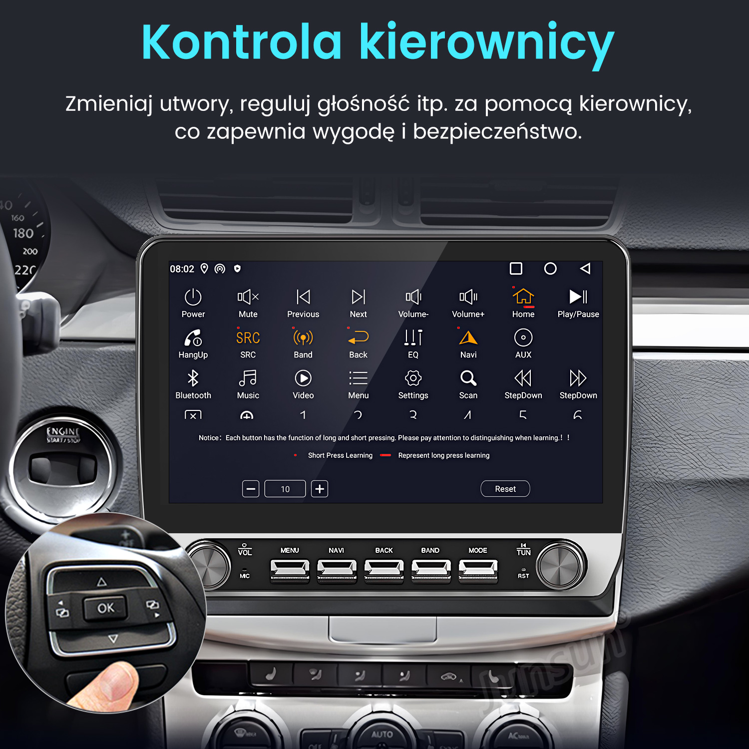 Wyświetlacz multimedialny w samochodzie z opcjami sterowania kierownicą i widocznym wnętrzem.