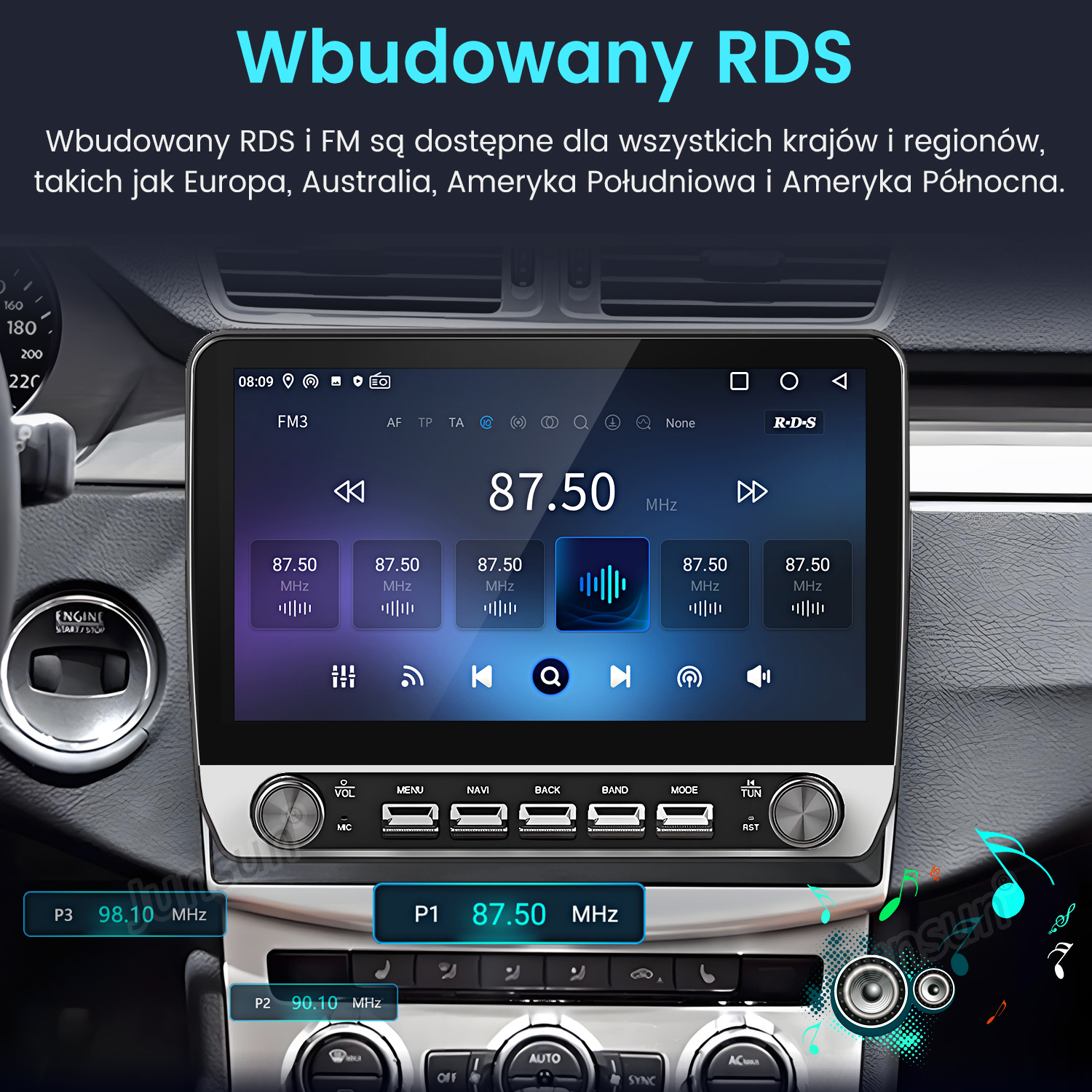 Wyświetlacz multimedialny w samochodzie, pokazujący interfejs radia FM i wnętrze samochodu.