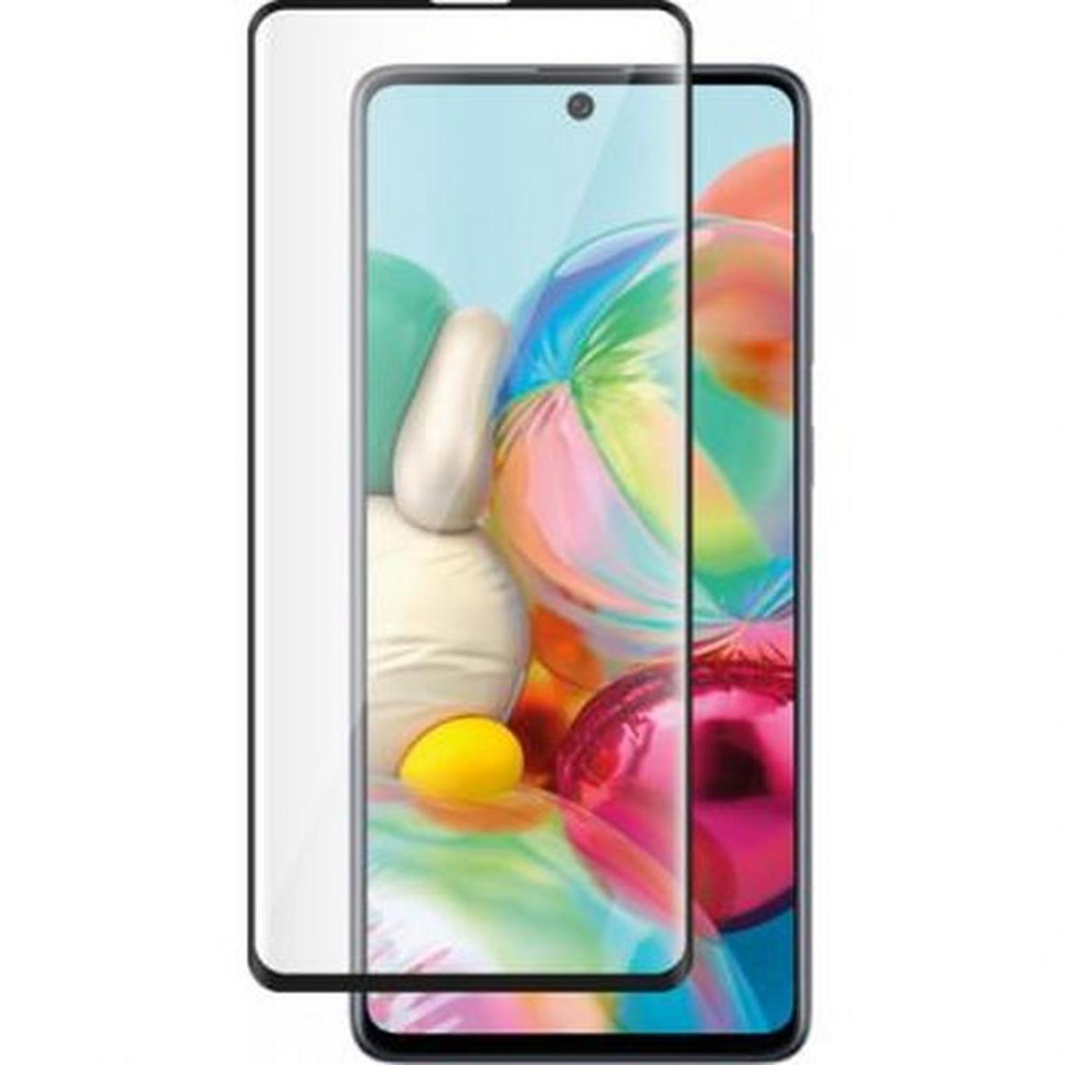 Un telefono con protezione schermo. Il telefono mostra forme astratte e colorate.