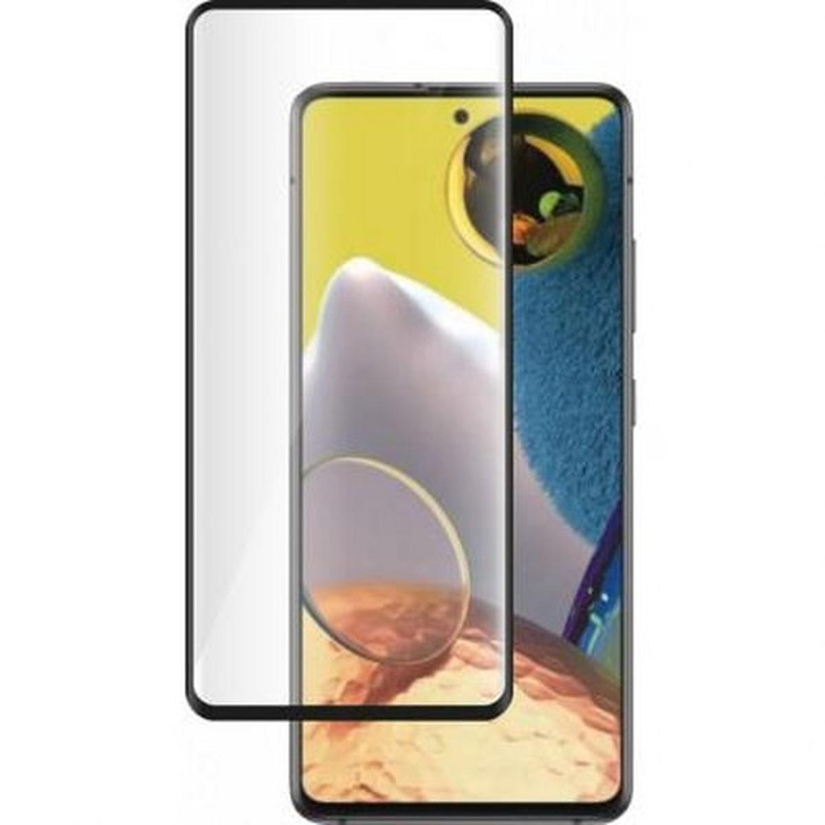 Téléphone avec protecteur d'écran. L'écran affiche un cercle blanc et un cadre doré.