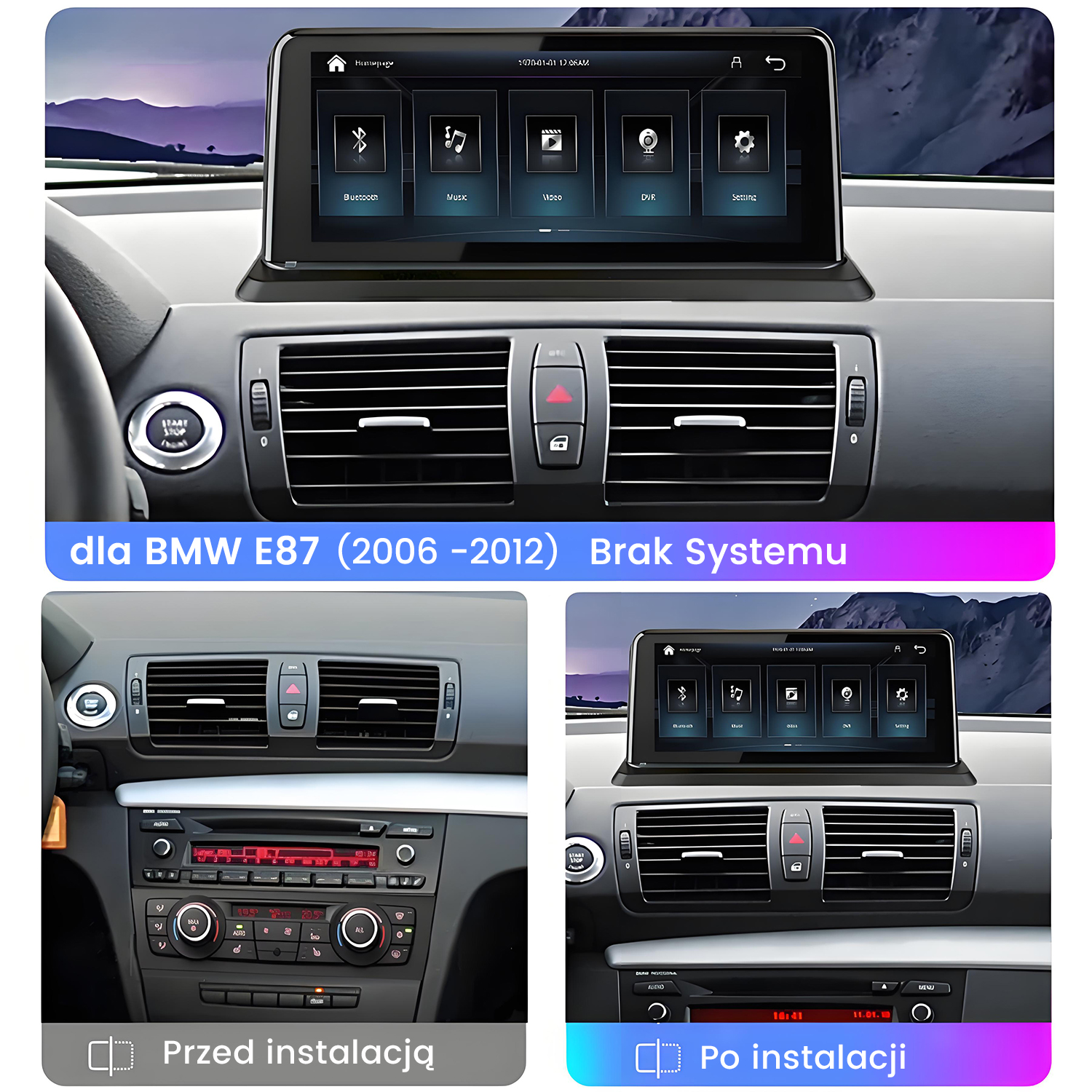 Ekran stereo samochodowego pokazujący ikony. Trzy mniejsze obrazy pokazują instalację przed i po.