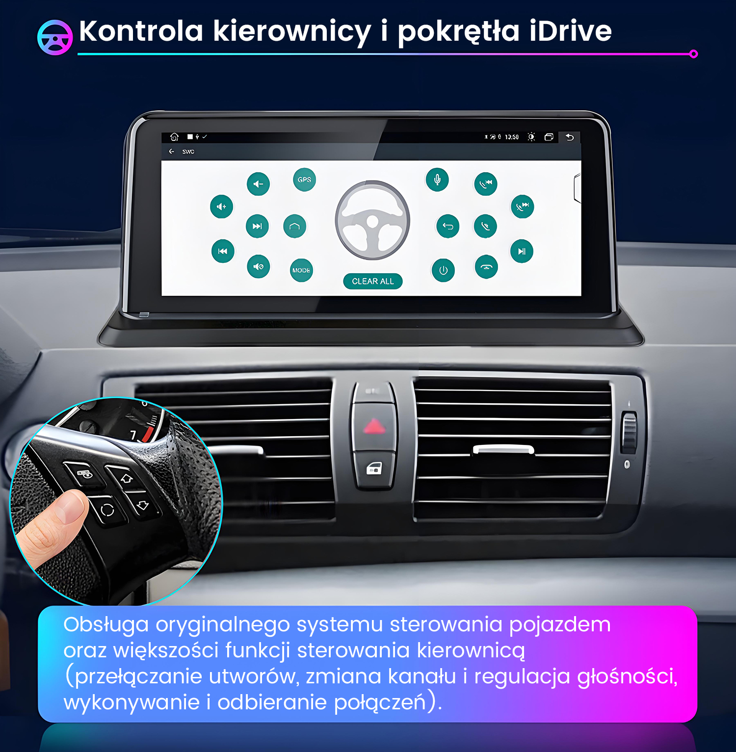 Samochodowy system multimedialny z elementami sterowania kierownicą i wyświetlaczem interfejsu.