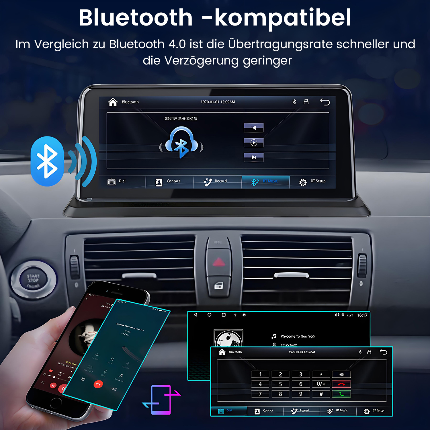 Samochodowy system multimedialny z logo Bluetooth i dwoma telefonami wyświetlającymi interfejsy.